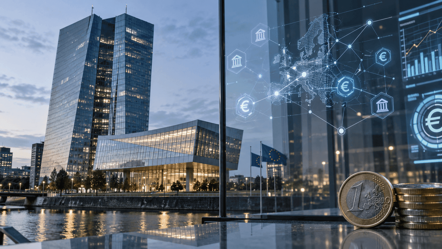 Office towers with a digital network overlay and a coin in the foreground.