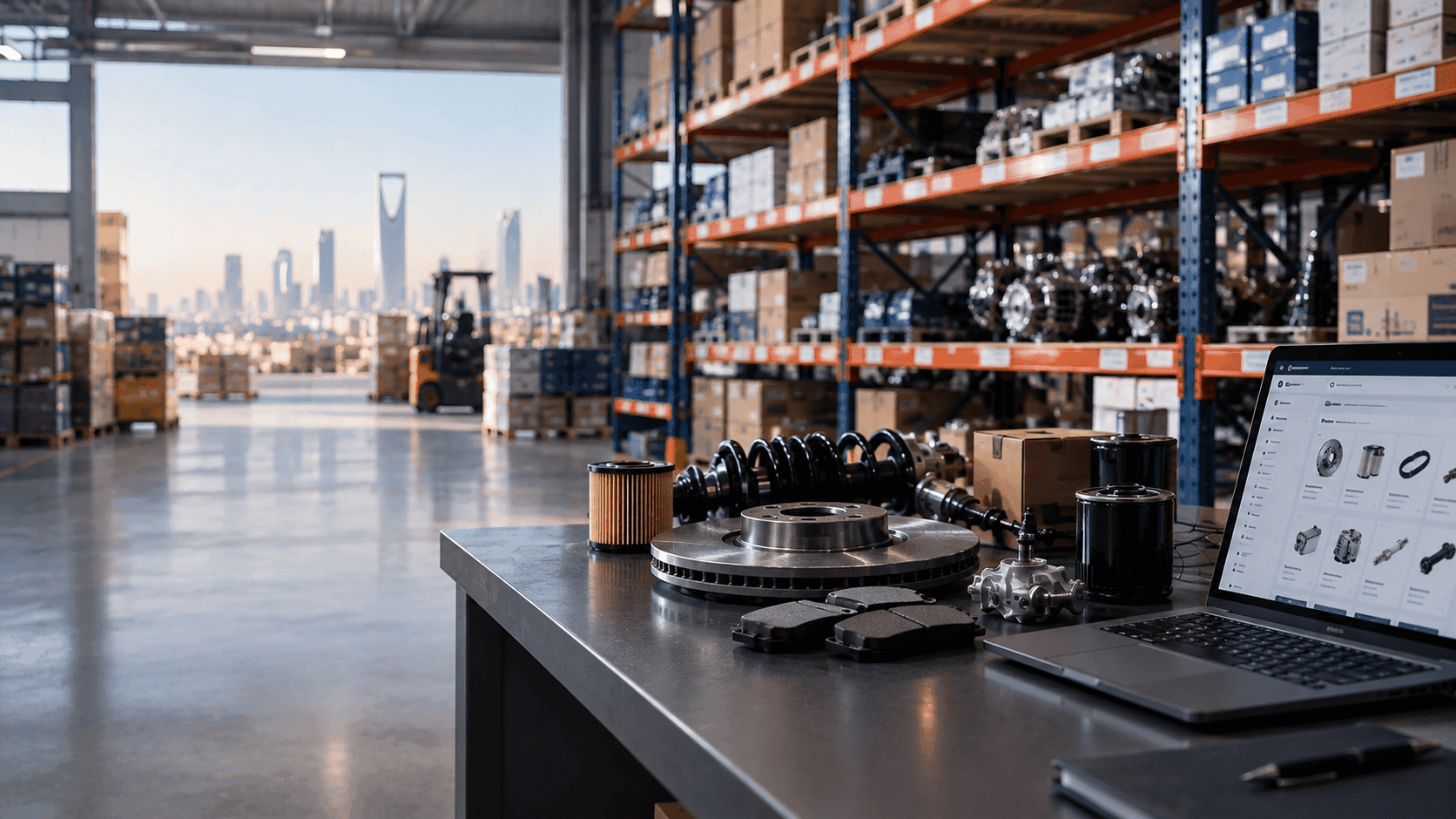 Warehouse shelves and equipment with a laptop in the foreground.