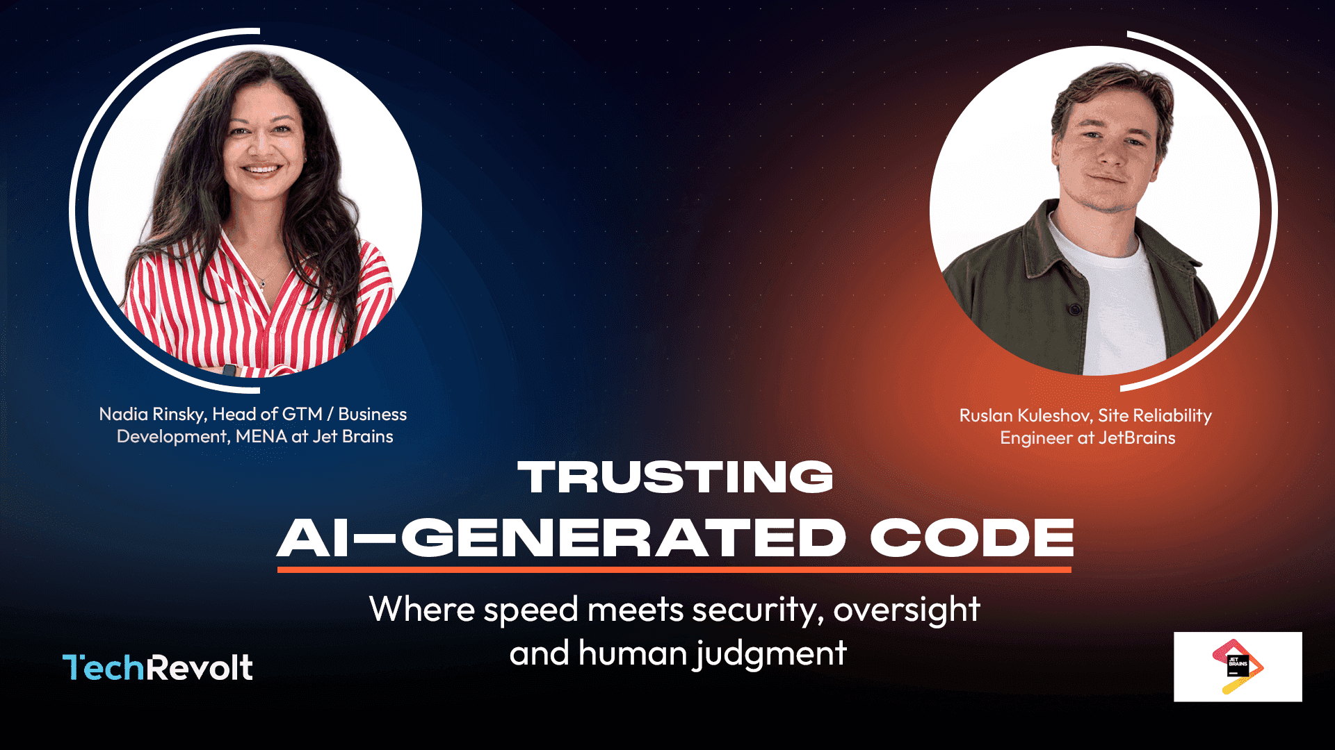 Discussion graphic titled “Trusting AI-Generated Code” with two speaker portraits.