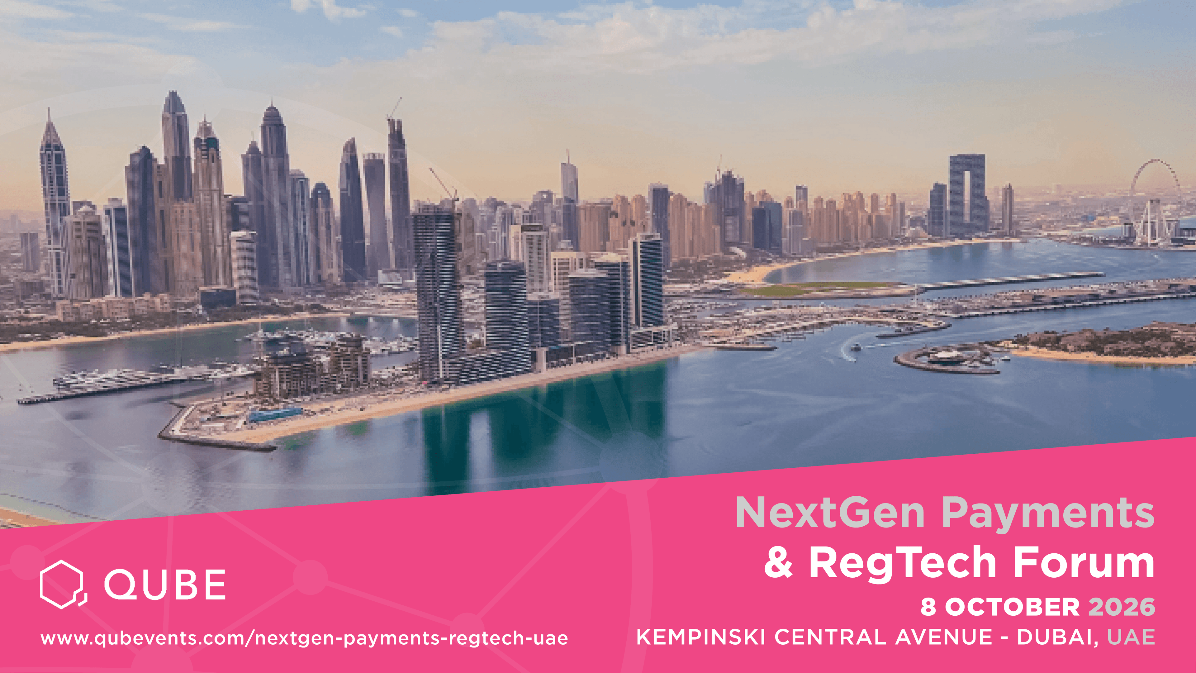 Dubai waterfront image promoting the NextGen Payments and RegTech Forum.