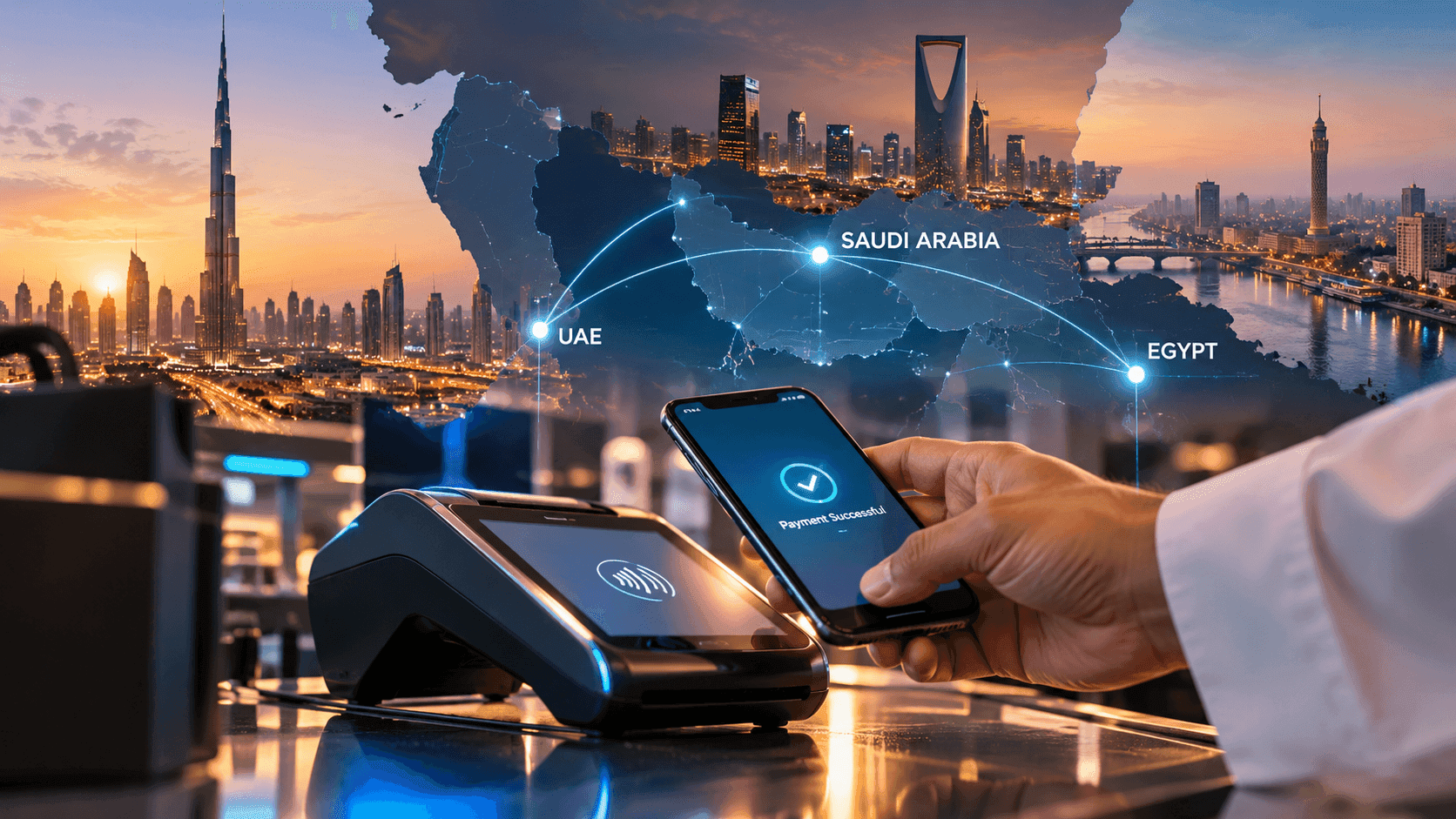 Illustration of a smartphone payment terminal with a map of the Middle East and a city skyline.