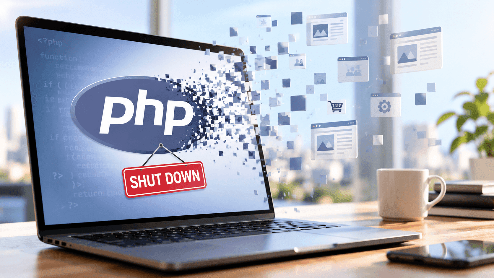 Illustration of a laptop displaying a PHP logo and a red “Shut Down” label.