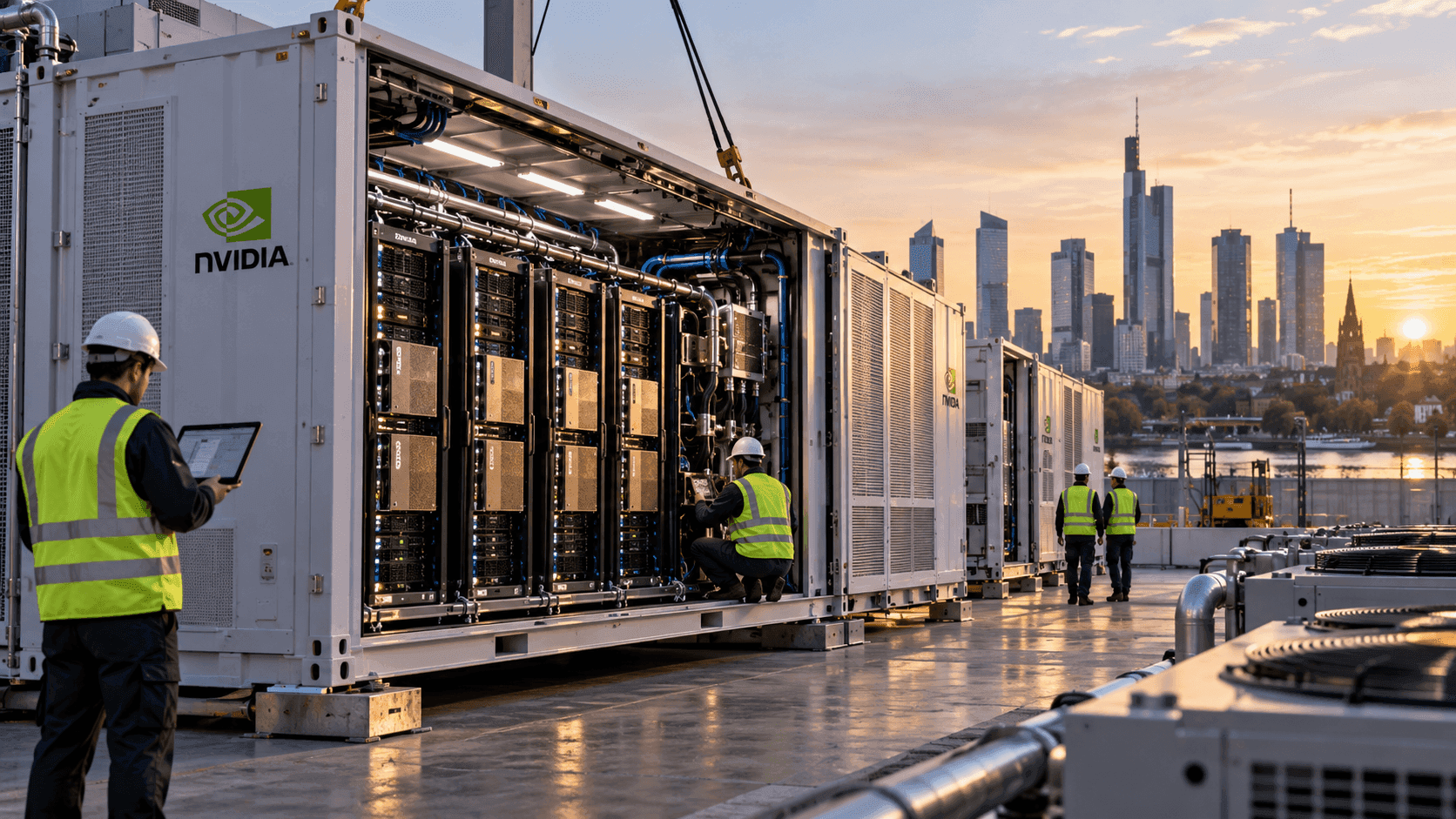 Workers beside Nvidia-branded computing containers with a city skyline in the background.