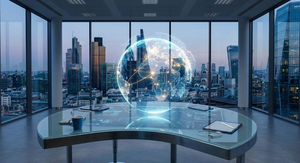 Illustration of a glowing digital globe inside a glass-walled office overlooking a city.