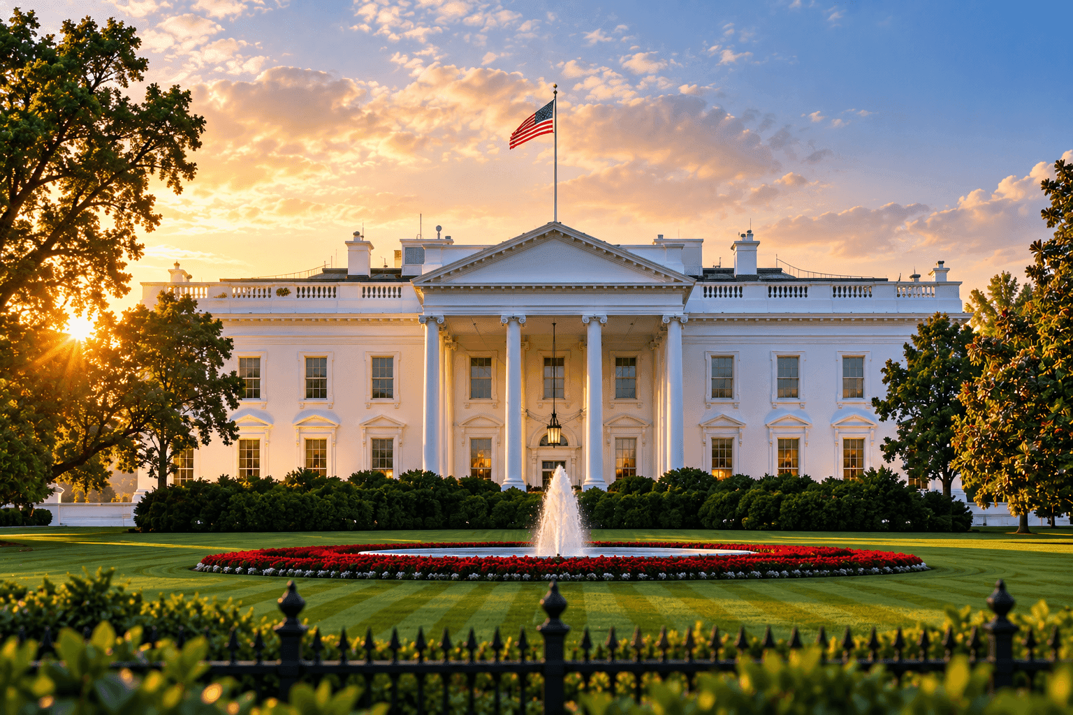 Exterior of the White House beneath a partly cloudy sky.