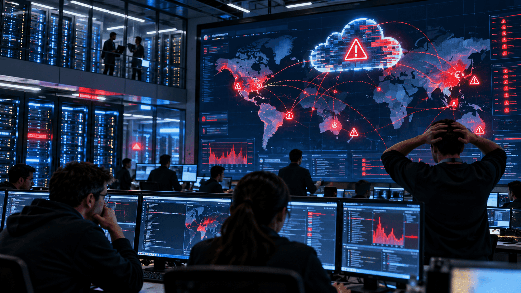 Illustration of analysts monitoring a world map and cybersecurity alerts on large screens.