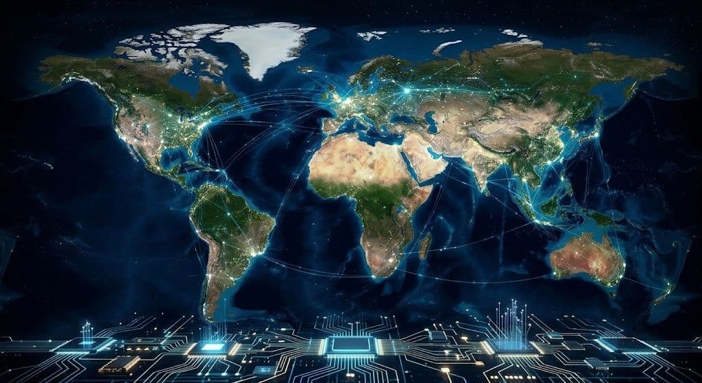 Illustration of a connected world map above electronic components.