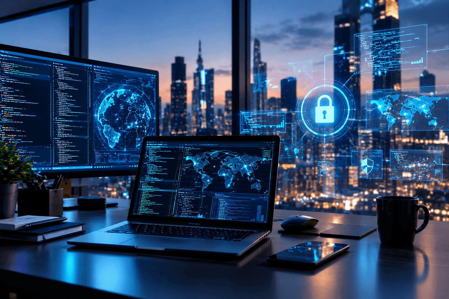 Illustration of laptops and digital security screens overlooking a city at night.