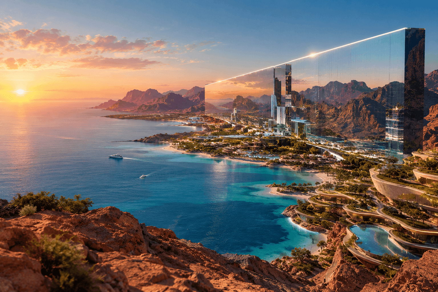 Coastal development illustration with mountains, buildings, and a long reflective structure.