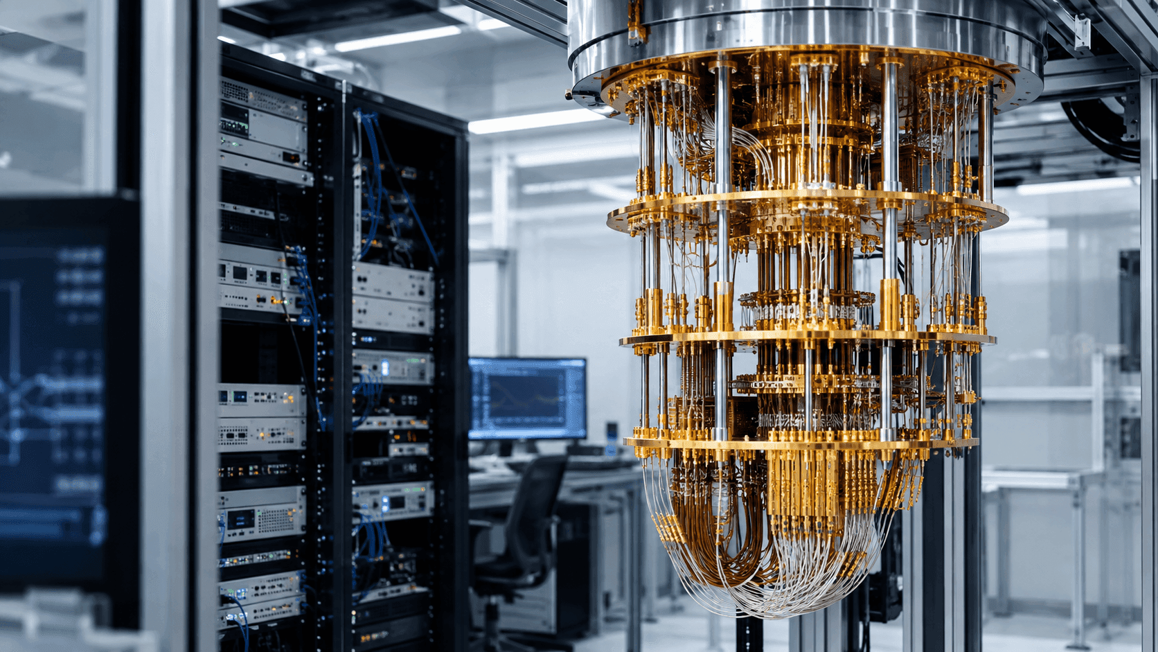 Gold-colored quantum computing equipment suspended inside a laboratory.