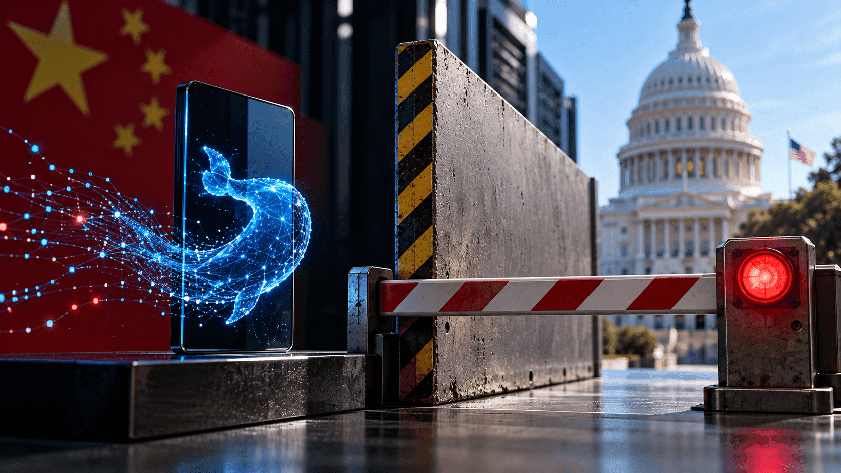 Illustration of a Chinese flag and a digital whale facing a barrier near the US Capitol.