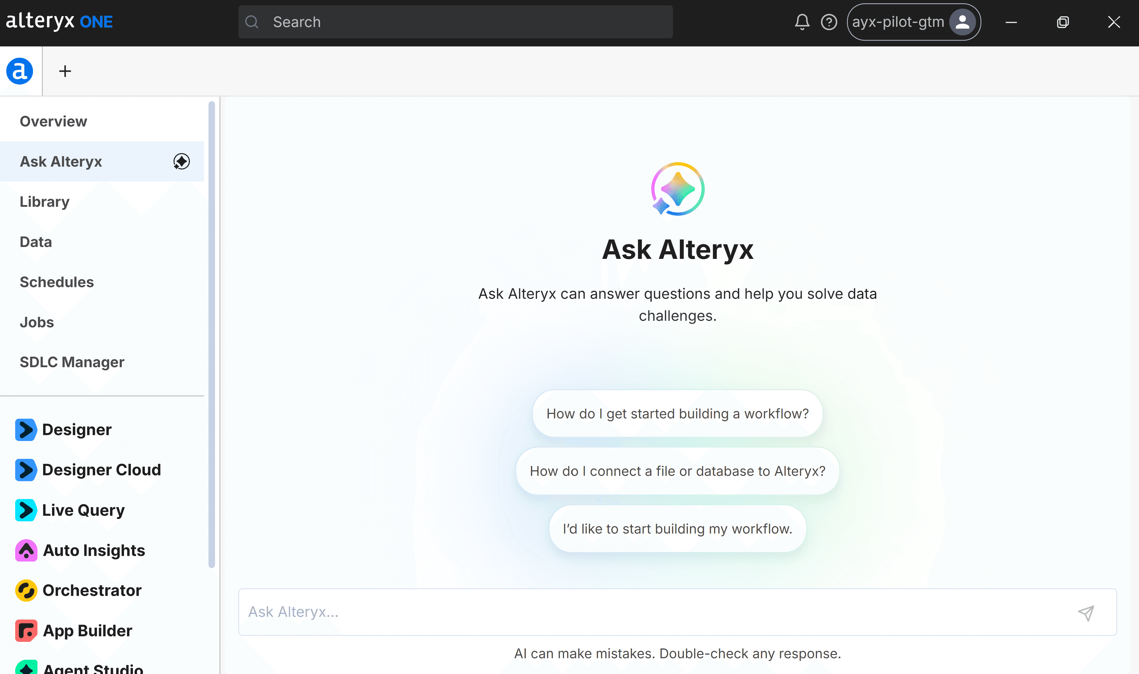 Screenshot of the Ask Alteryx interface with a question field and suggested prompts.