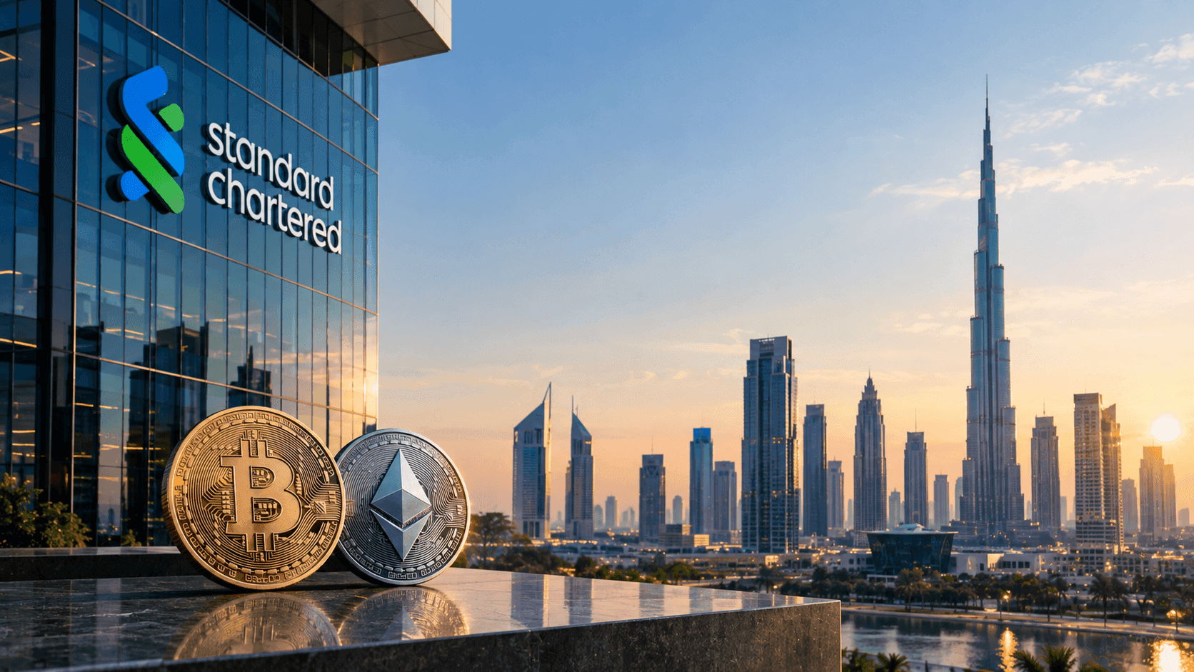 Standard Chartered sign and a Bitcoin symbol overlooking the Dubai skyline.
