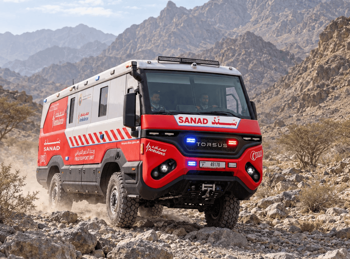 Red off-road emergency response vehicle on rocky mountain terrain.