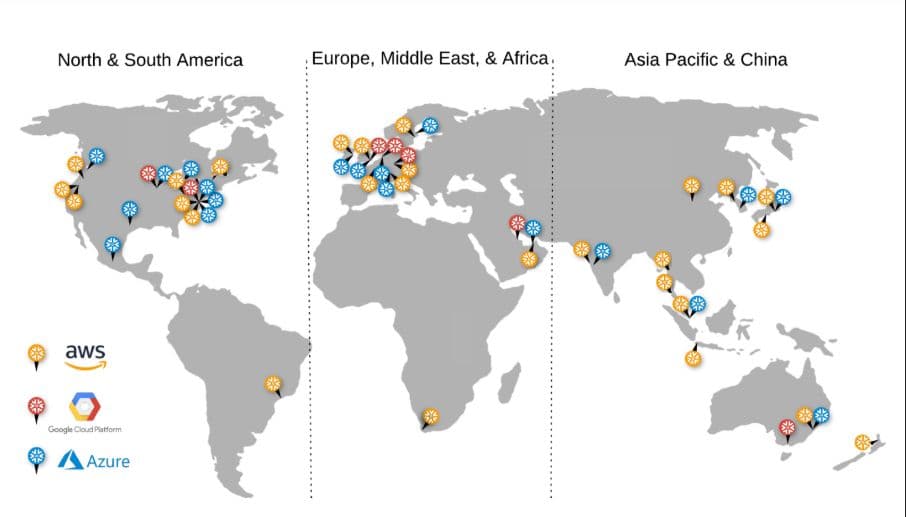 Snowflake’s existing cloud-region footprint. Image: Snowflake documentation.