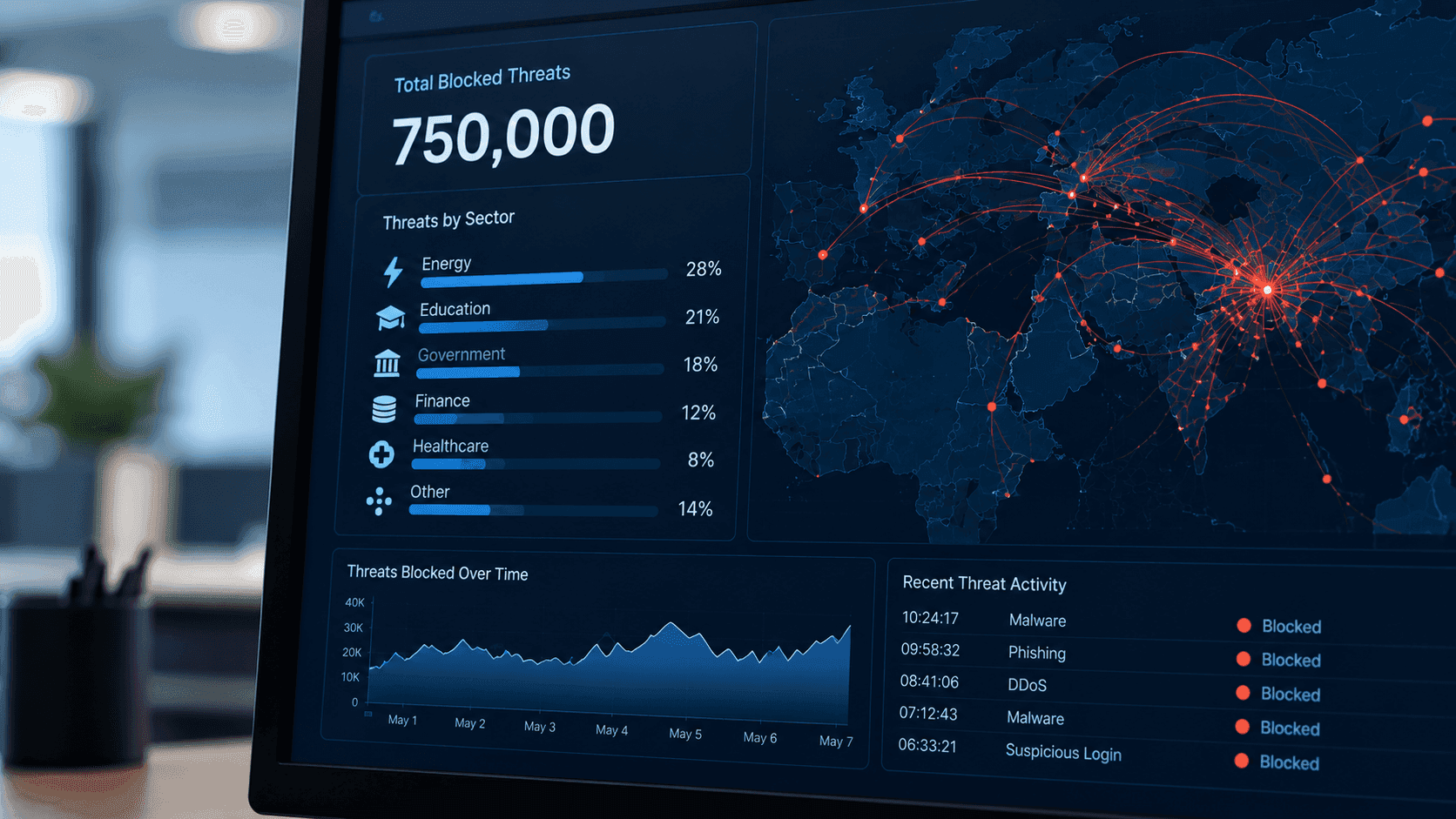 Dashboard displaying account totals, charts, and a world map.
