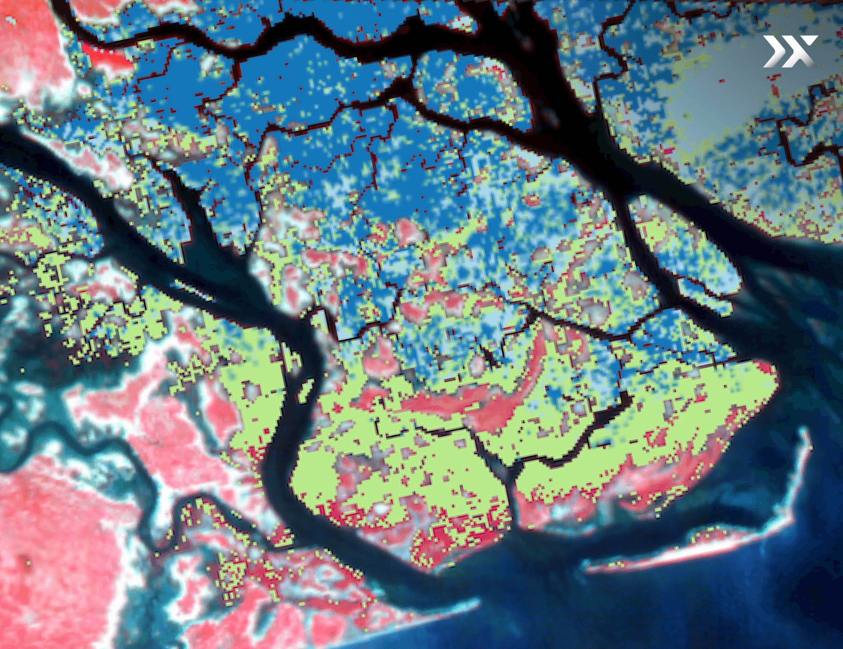 Colorful satellite-style image showing branching waterways and patterned land areas.