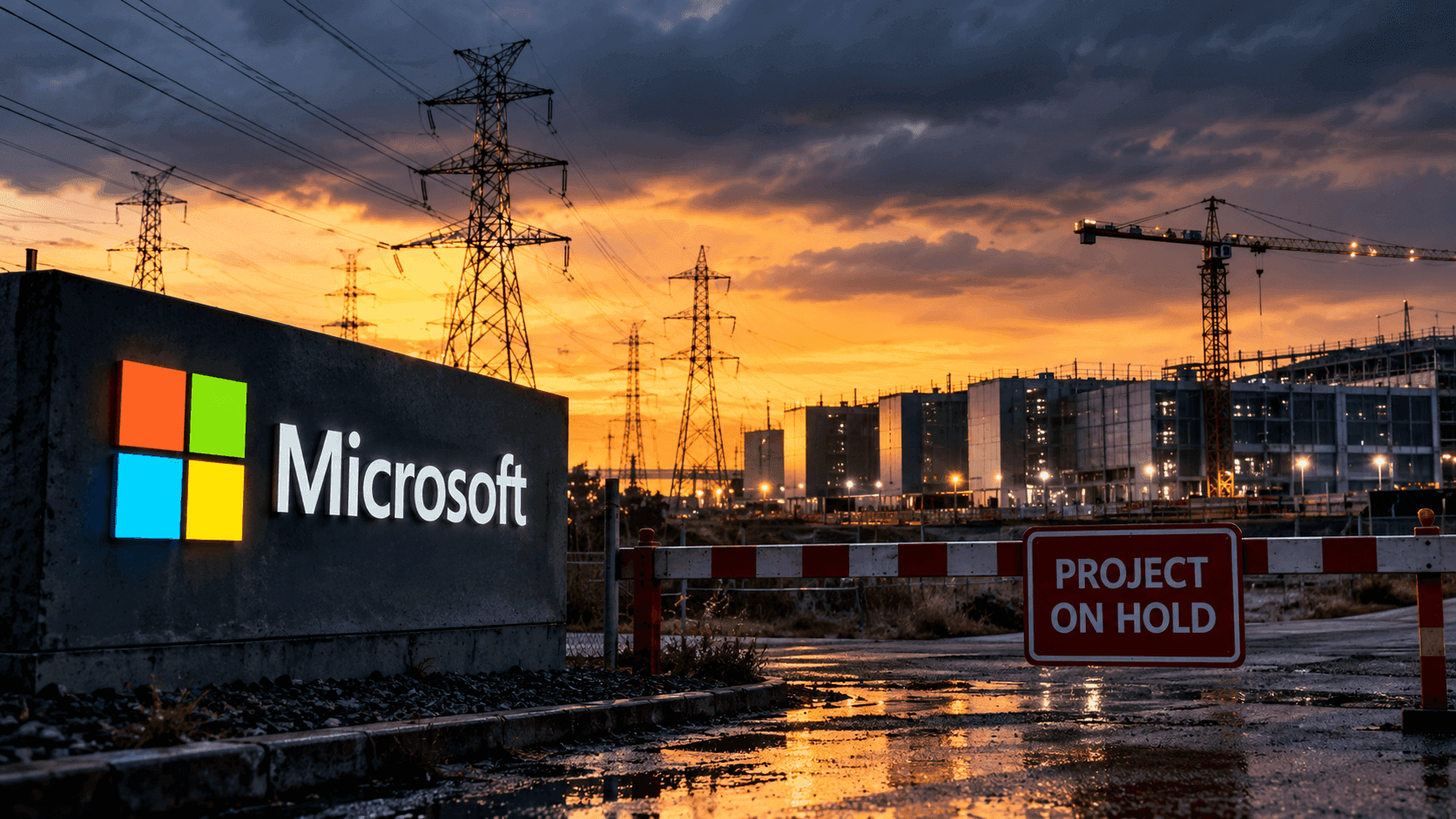 Microsoft sign at a construction site with power lines at sunset.