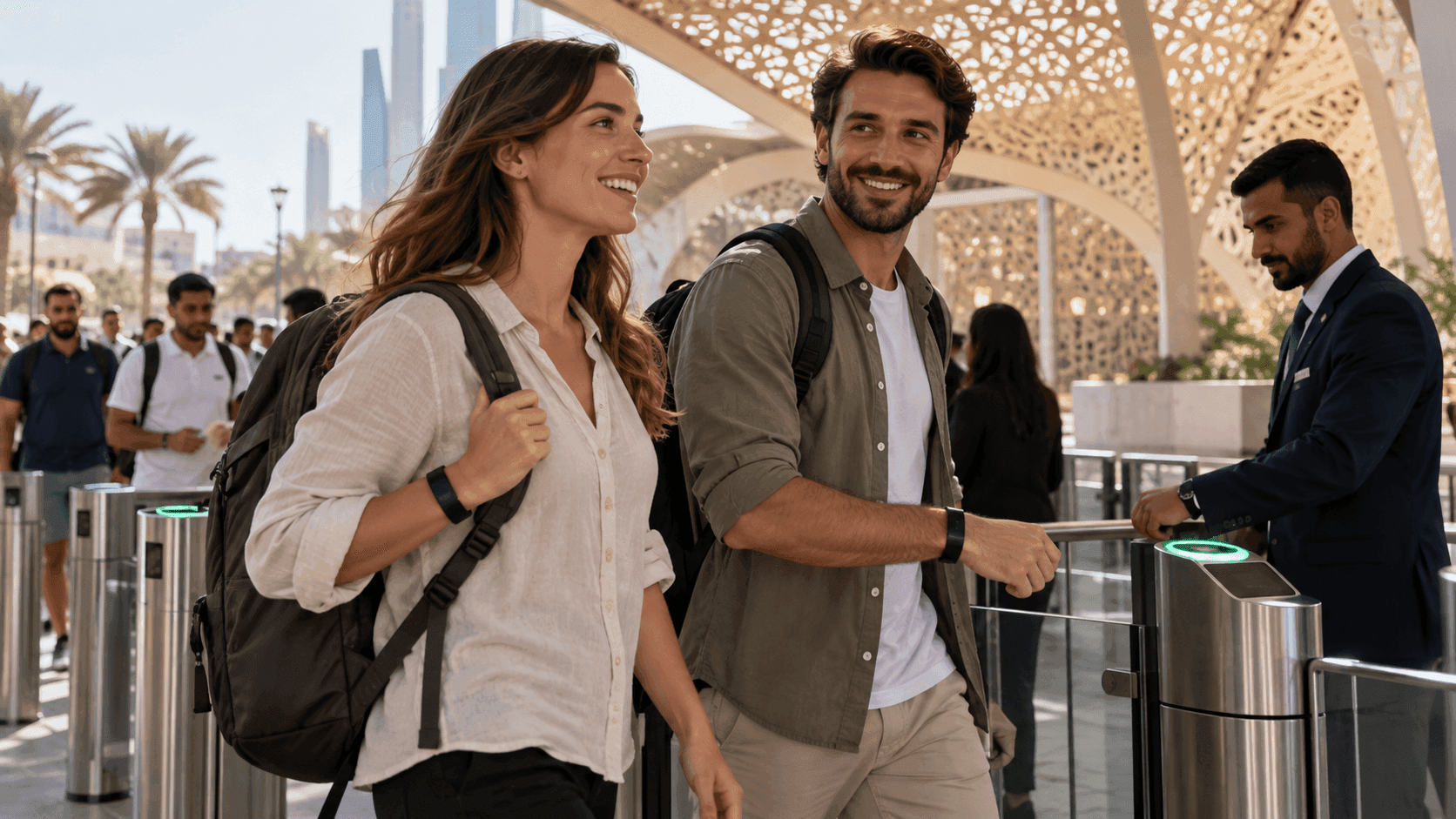 Illustration of travelers using an entry gate while a staff member checks a document.