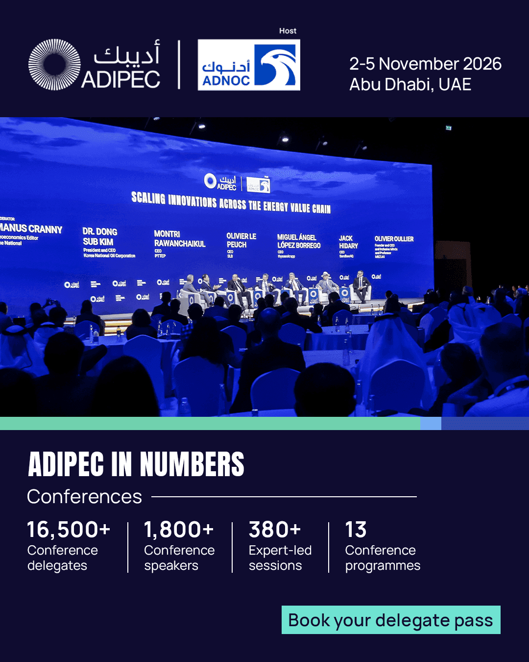 ADIPEC event poster with conference information and an auditorium photograph.