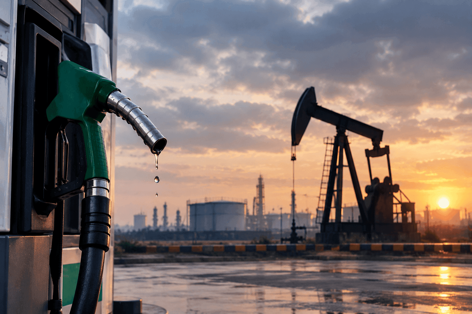 Fuel pump nozzle beside an oil pumpjack and an industrial skyline at sunset.