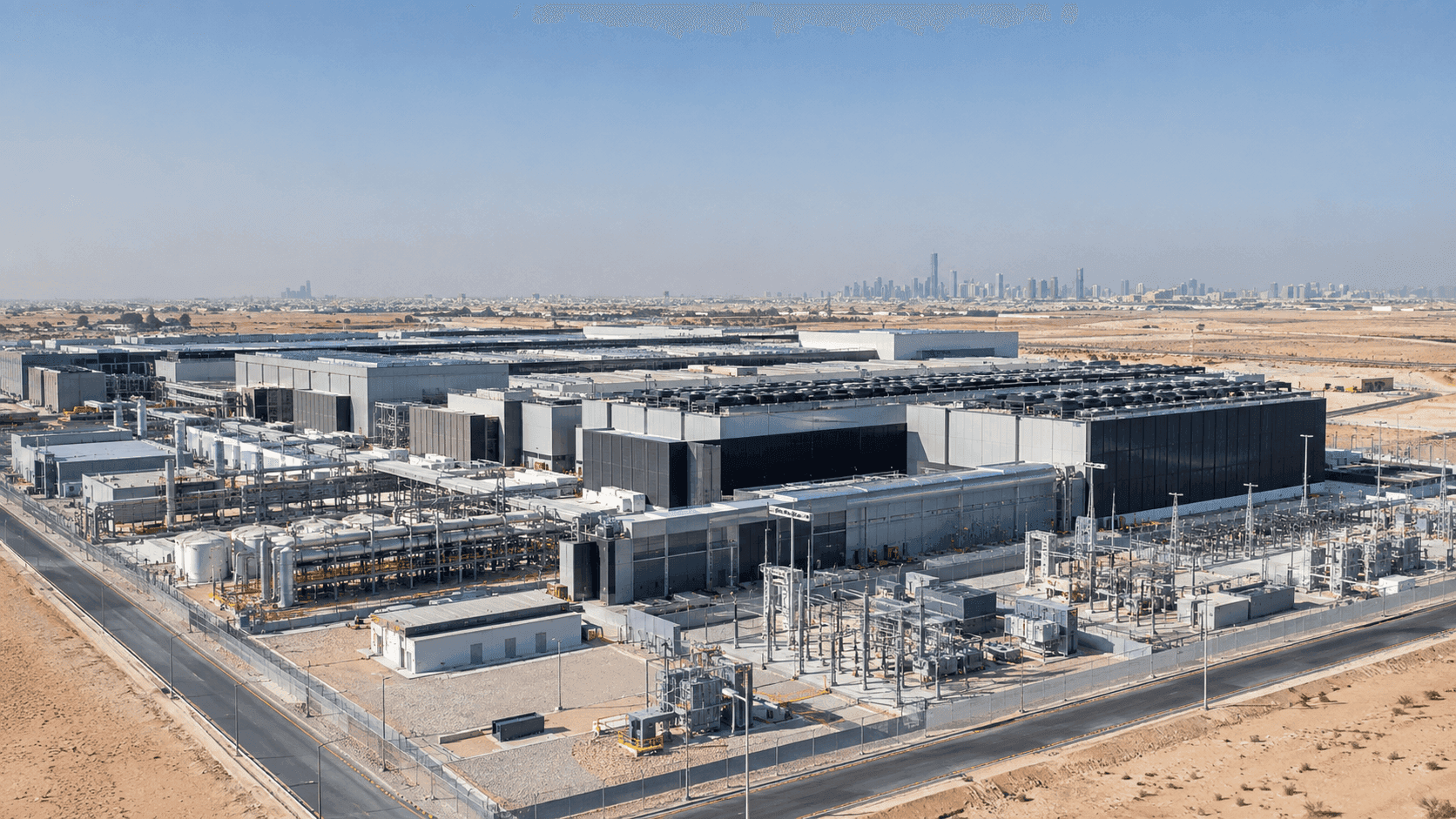 Large data center complex surrounded by desert roads and electrical infrastructure.