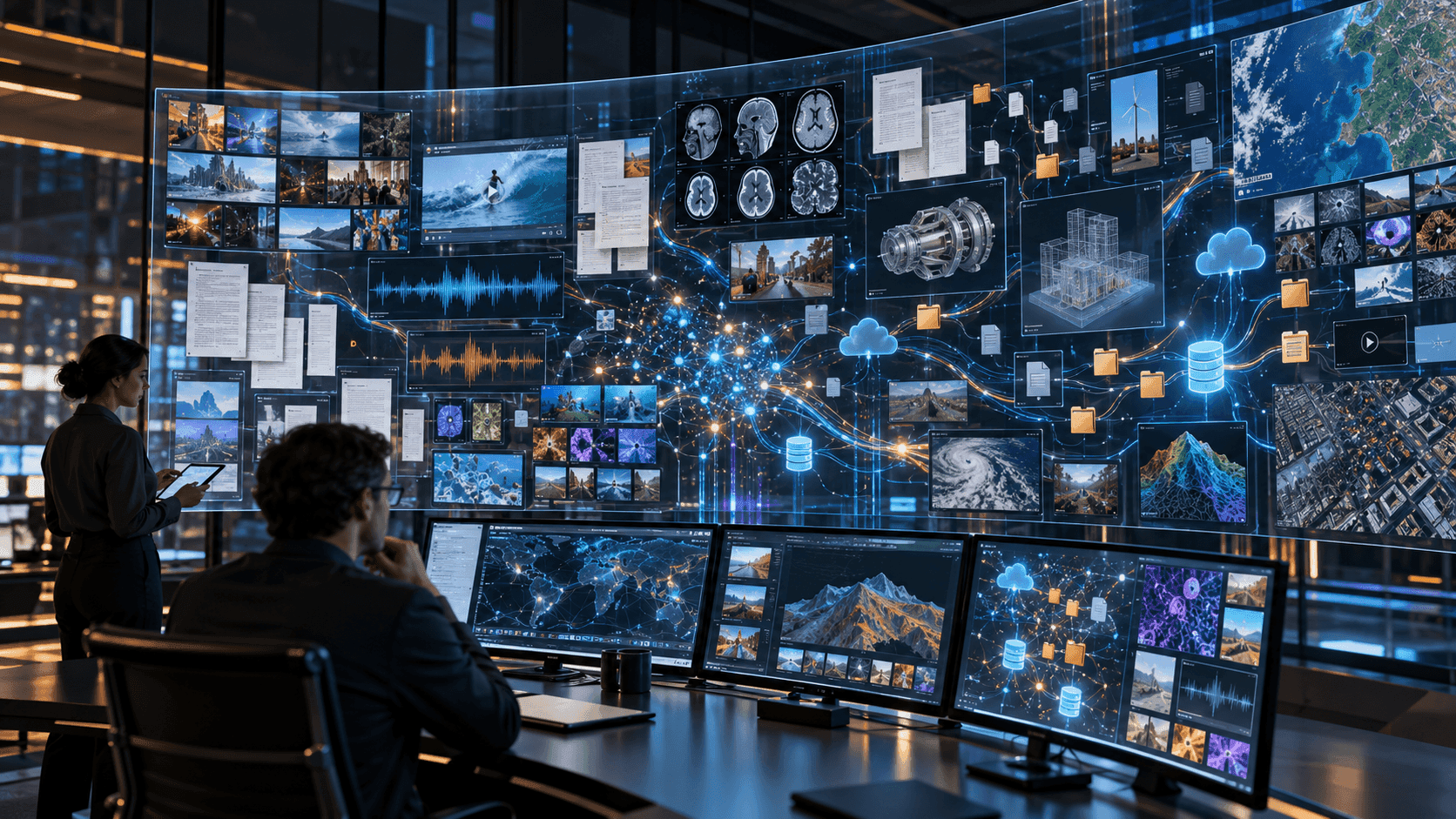 Illustration of an operator monitoring a wall of connected digital systems.