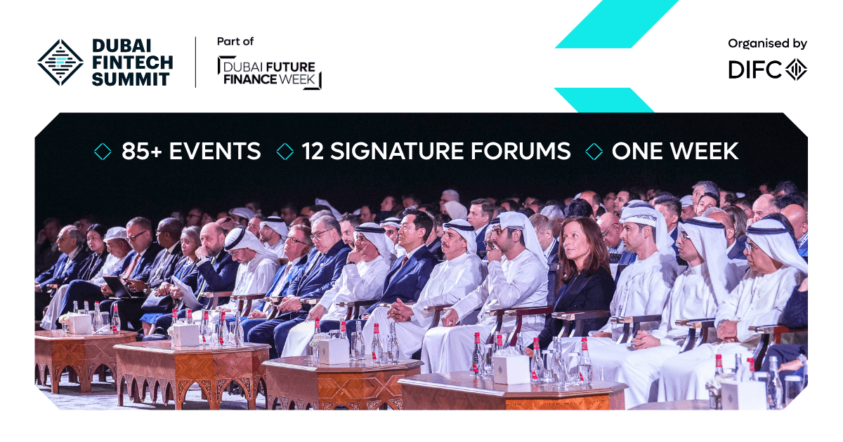 Dubai FinTech Summit promotional graphic with an auditorium photograph.
