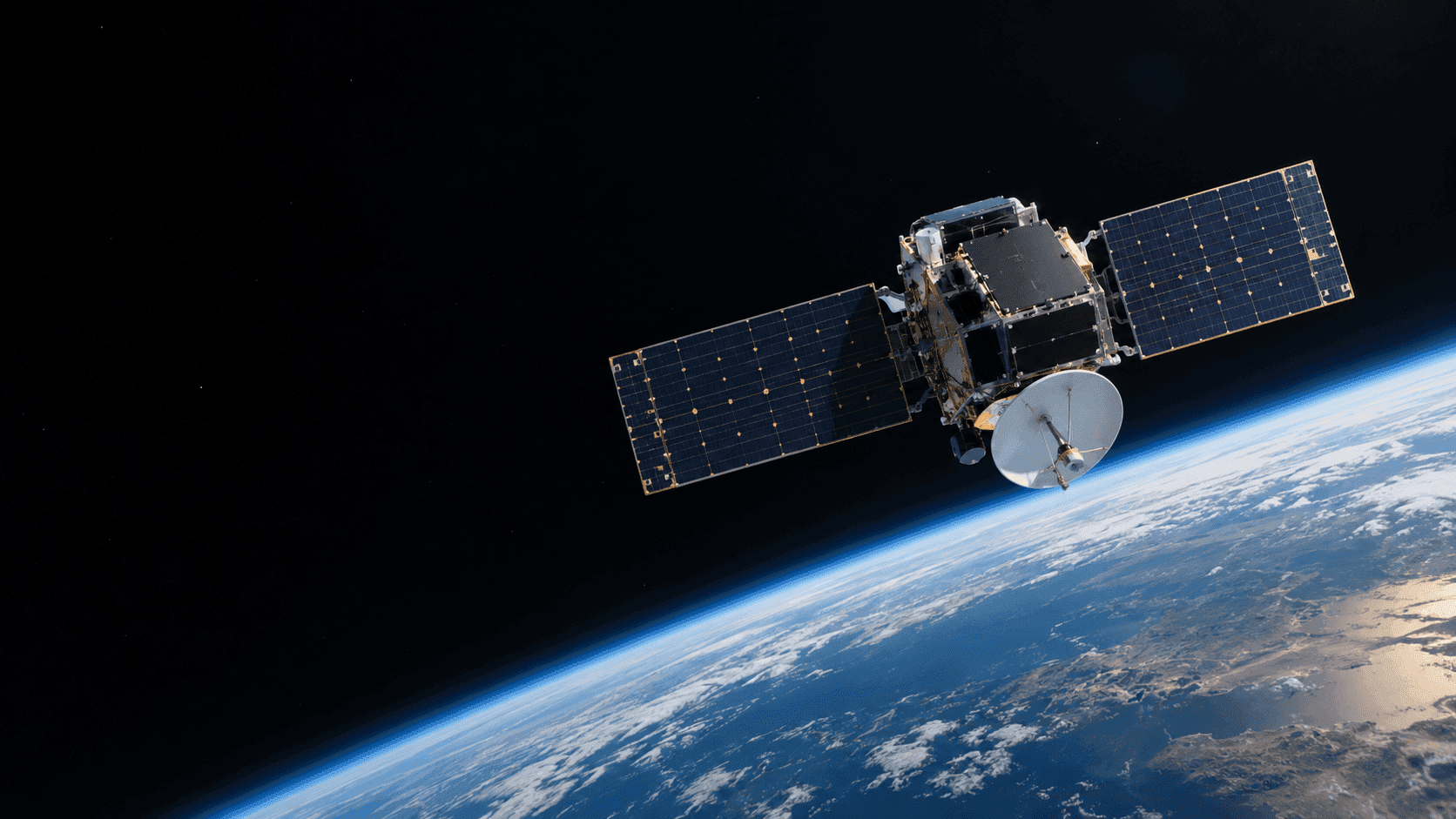 Illustration of a satellite orbiting above Earth.