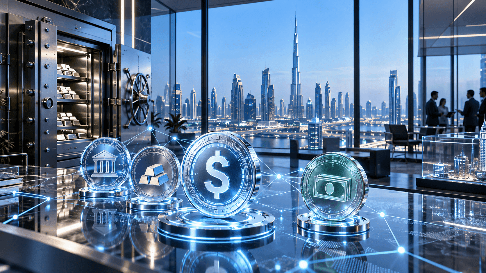 Illustration of financial symbols and digital networks over a city skyline.