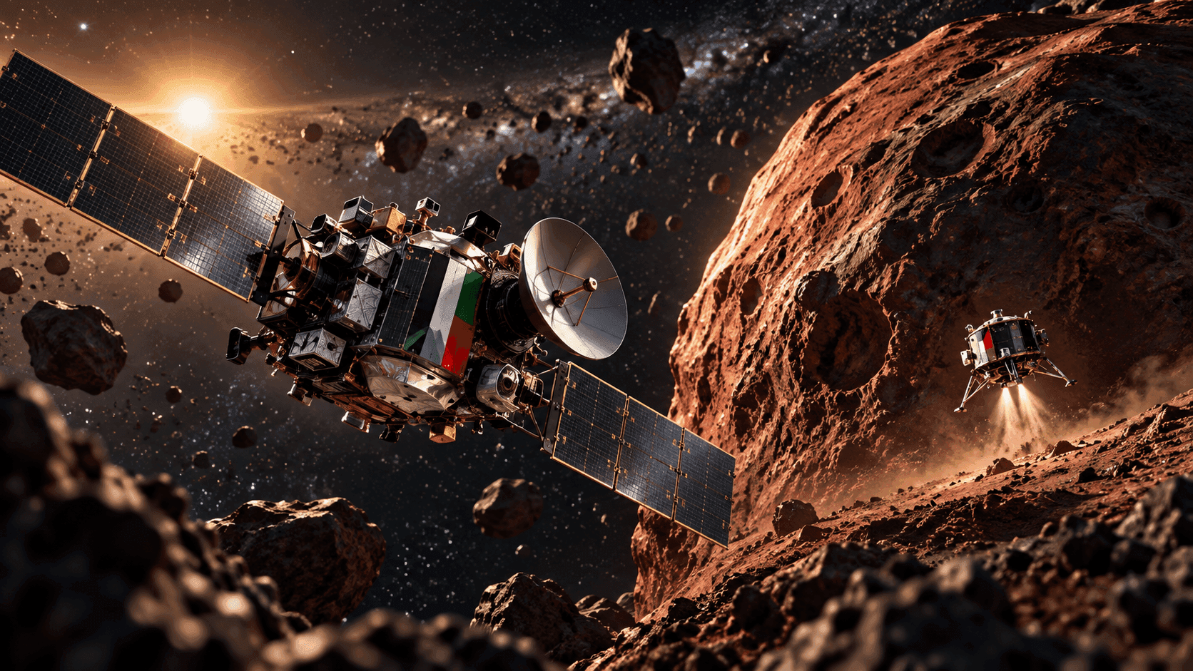 Illustration of a spacecraft operating near an asteroid in space.