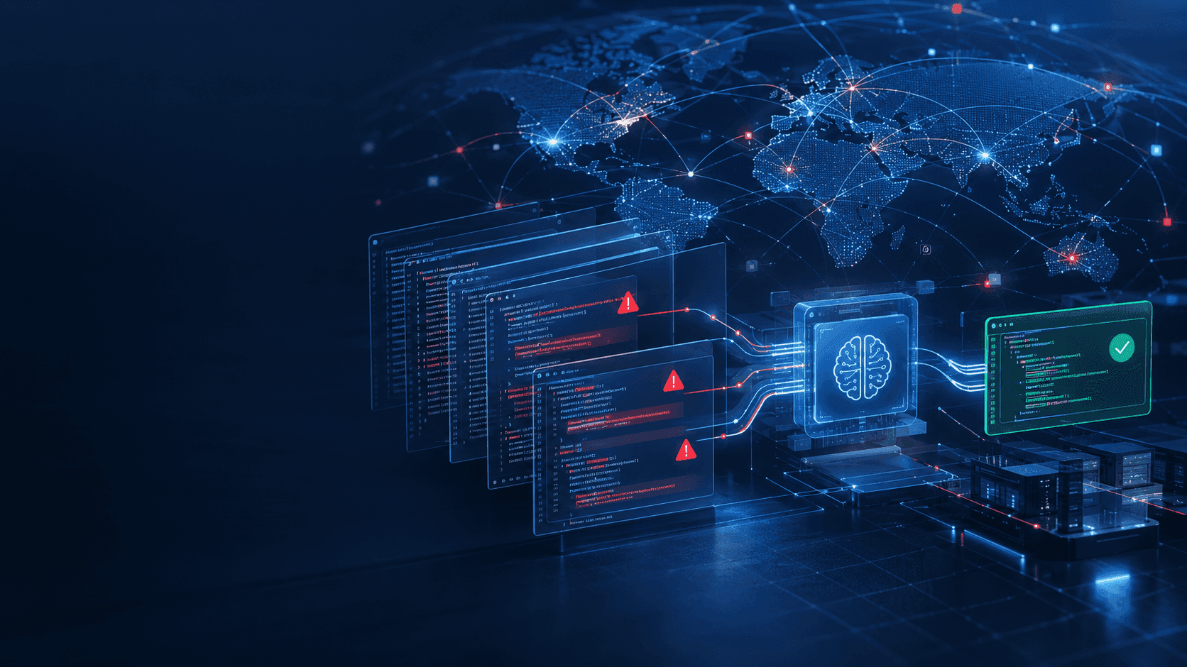 Illustration of connected screens showing digital security alerts and network activity.