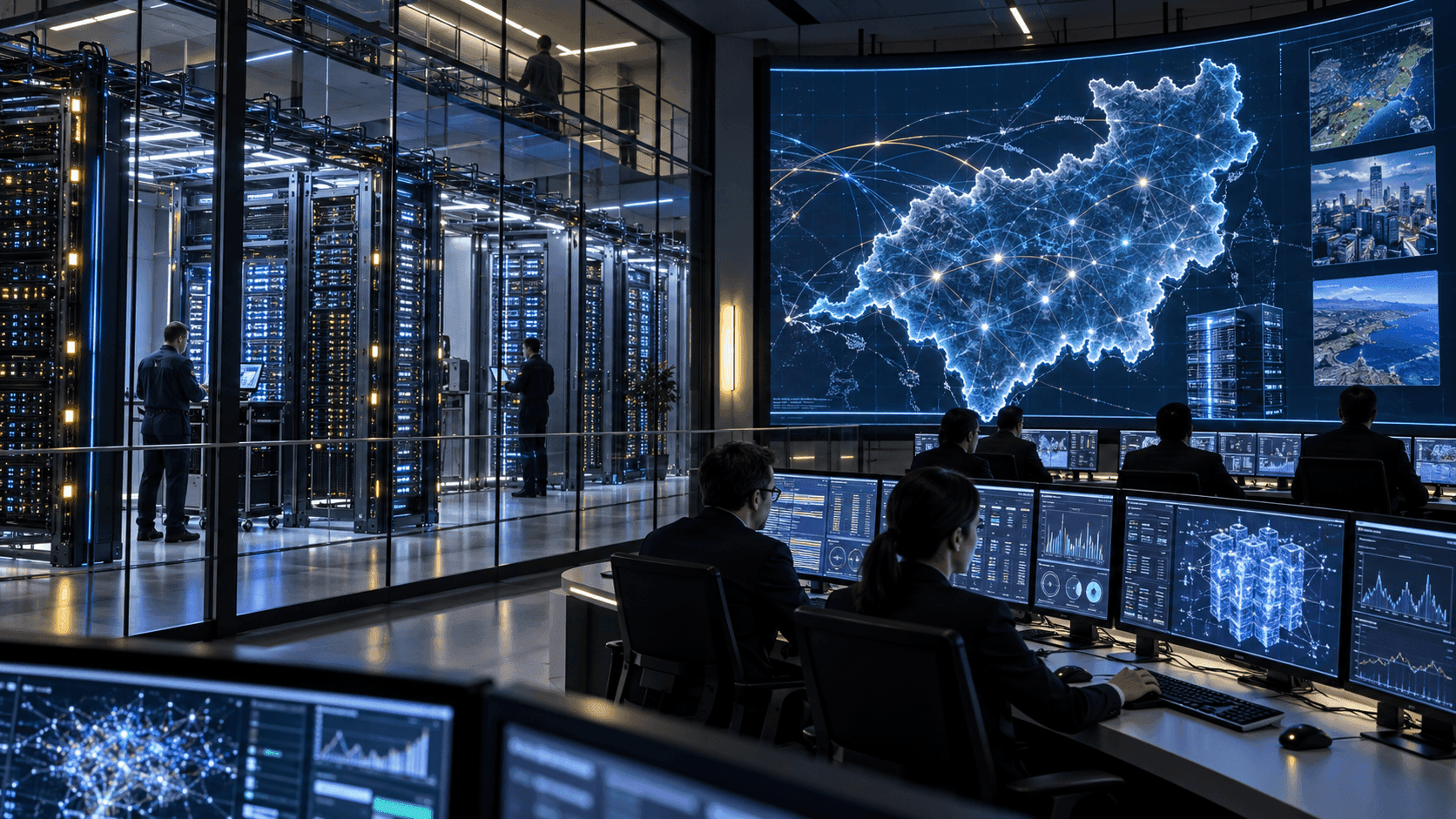 Illustration of an operator monitoring data center systems and a digital map of China.
