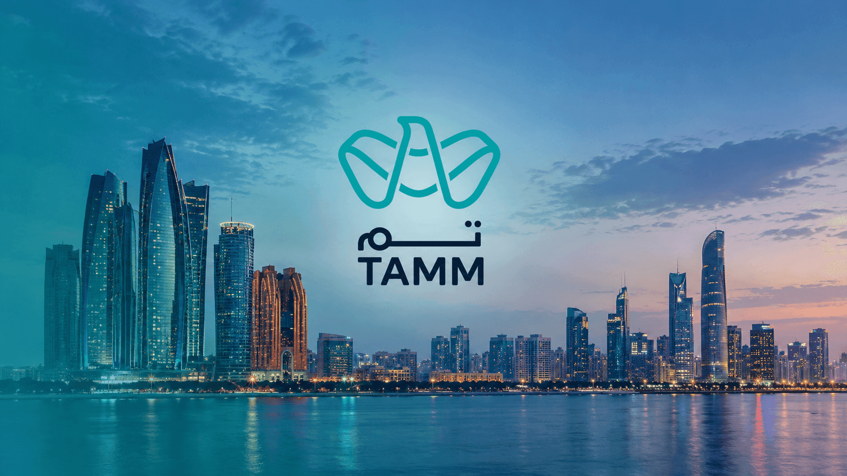 TAMM logo over an Abu Dhabi waterfront skyline.