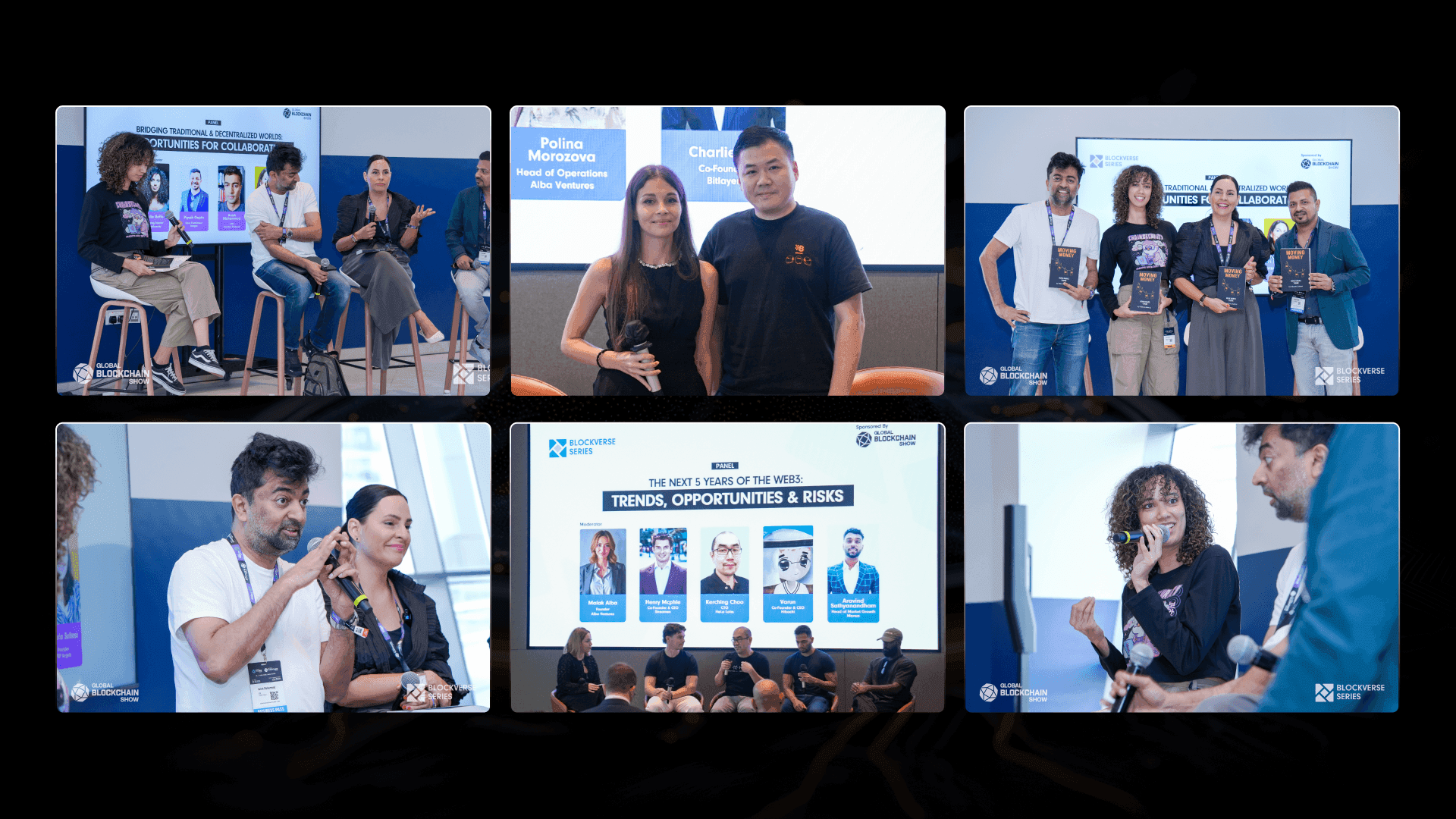 Collage of technology event speakers, panels, and demonstration sessions.