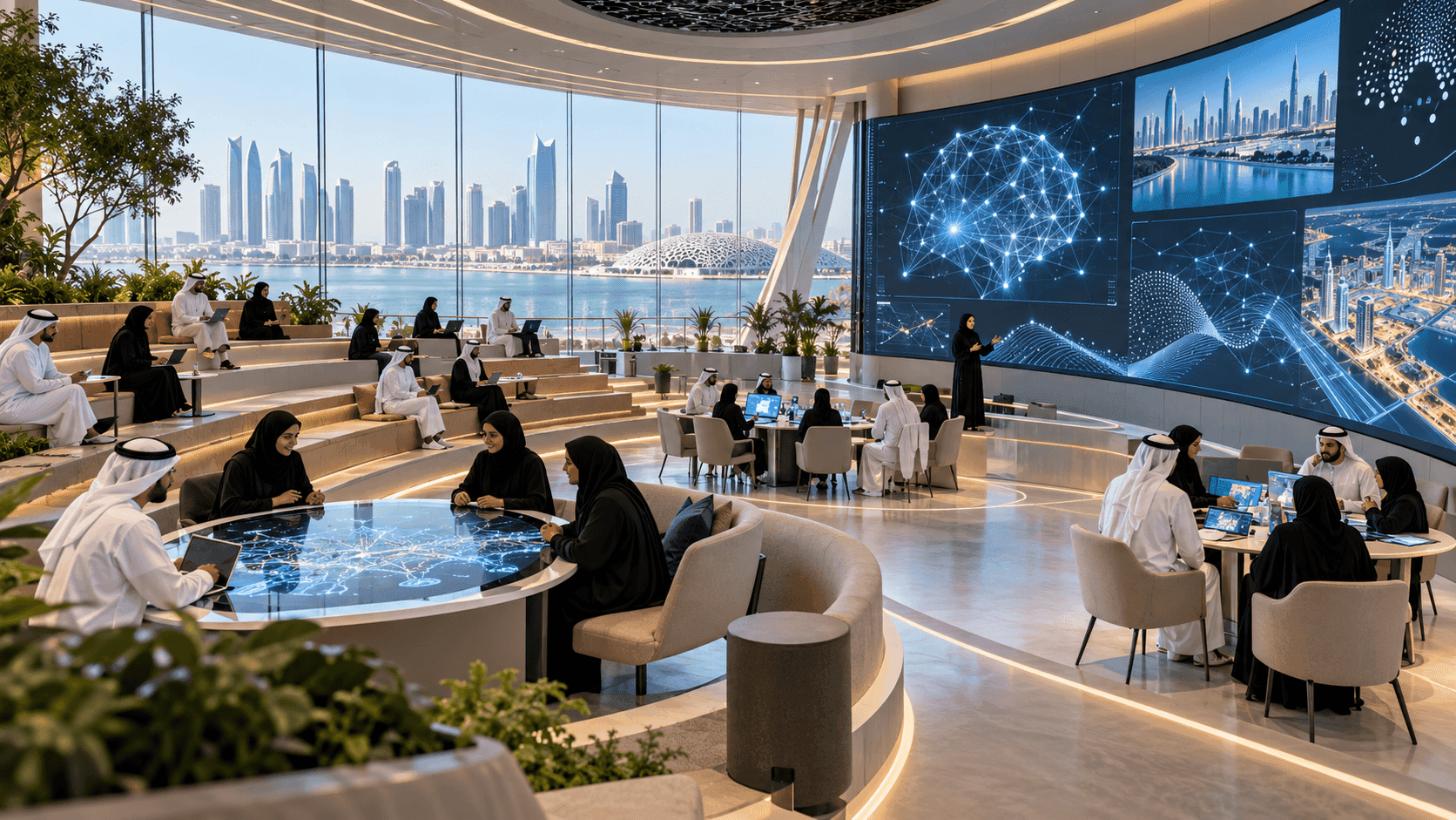 Illustration of a conference lounge with a large digital display and a city skyline.