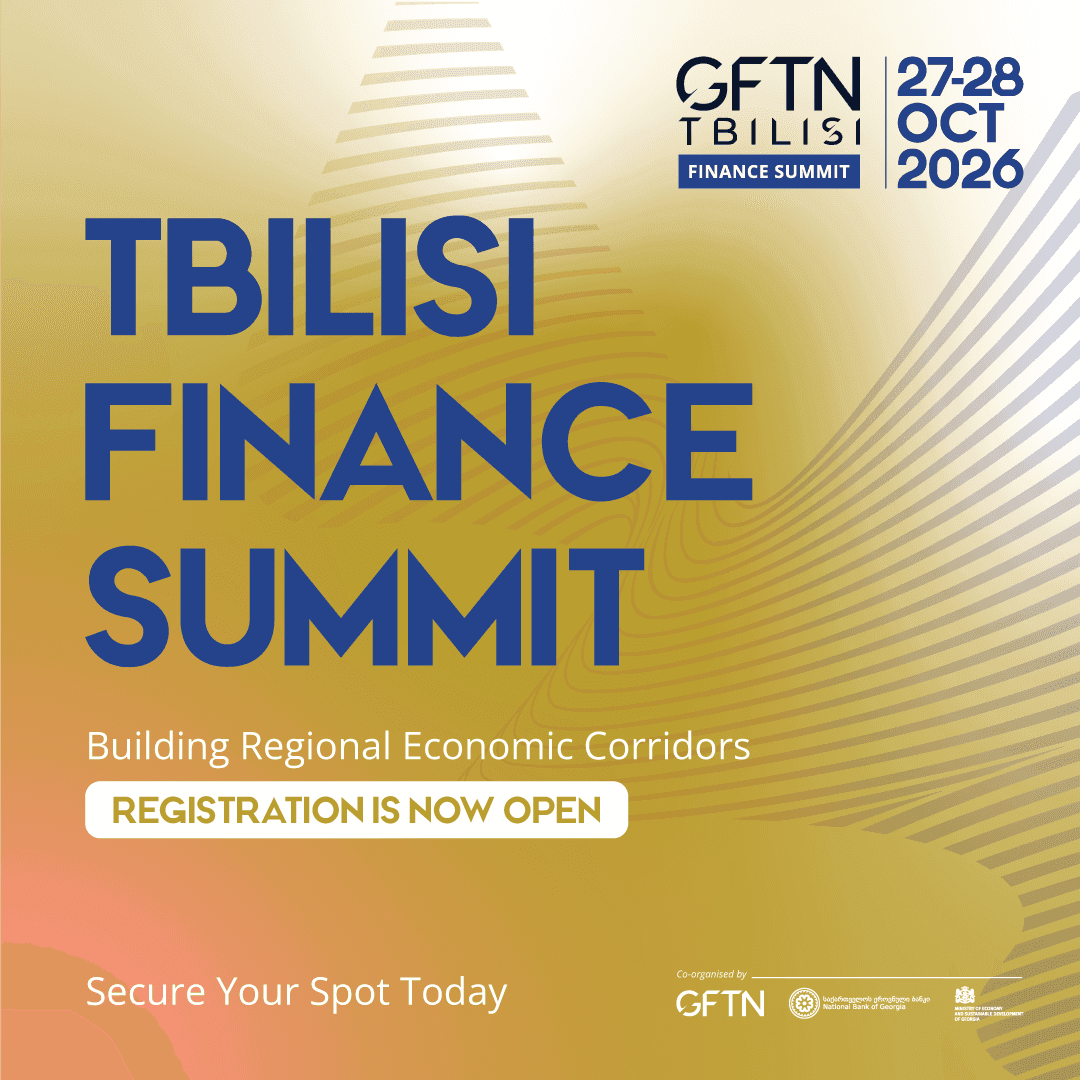 Tbilisi Finance Summit event poster with registration details.