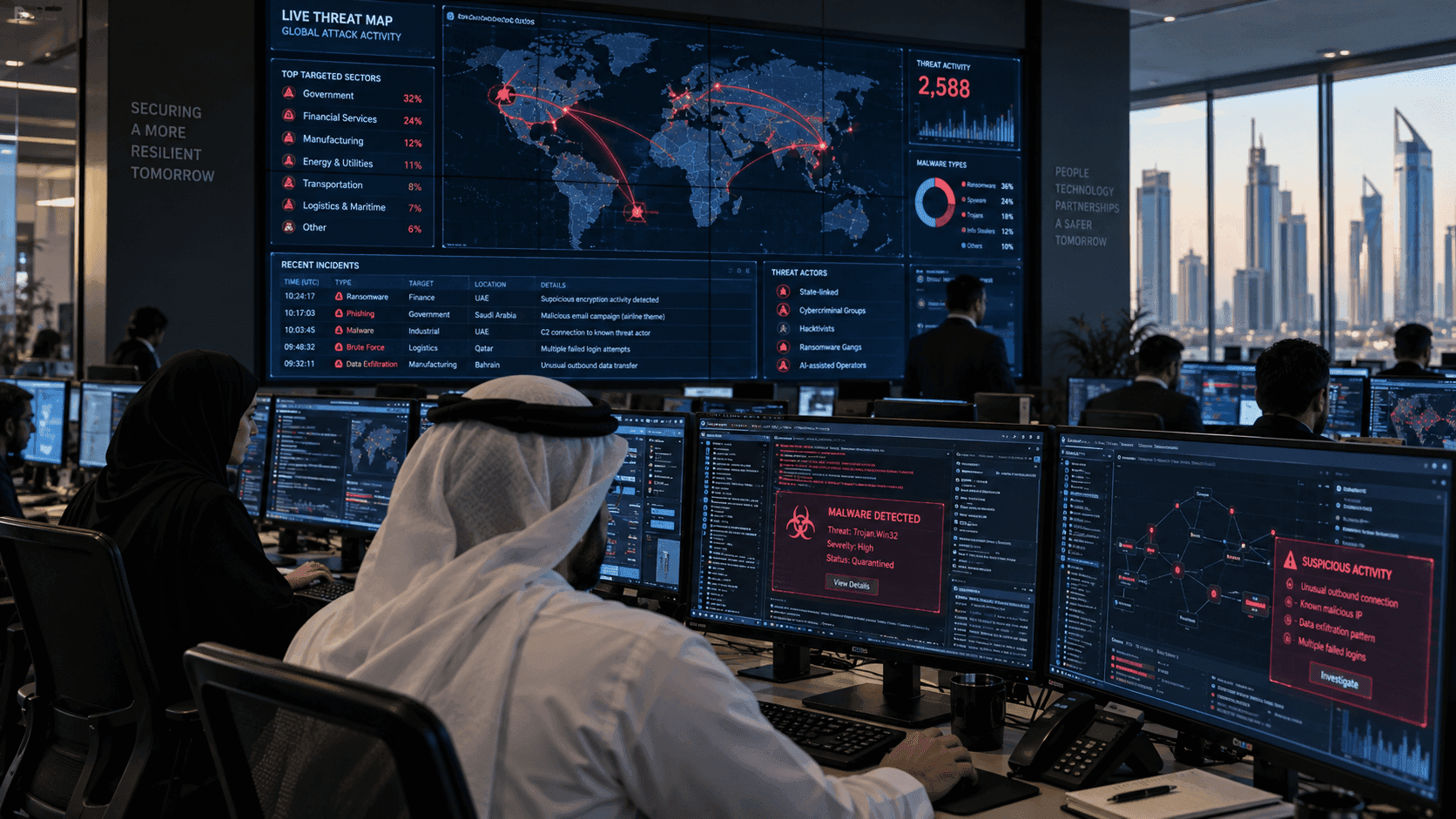 Illustration of an operator monitoring digital dashboards overlooking a city skyline.