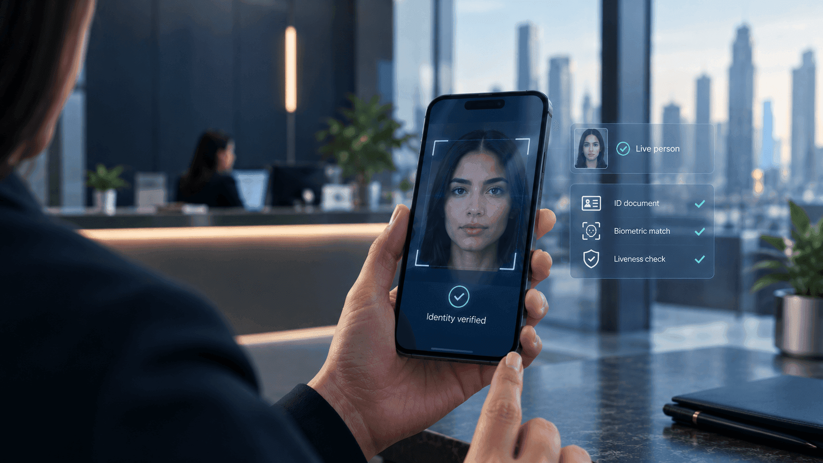 Illustration of a person viewing a video call and digital controls on a smartphone.