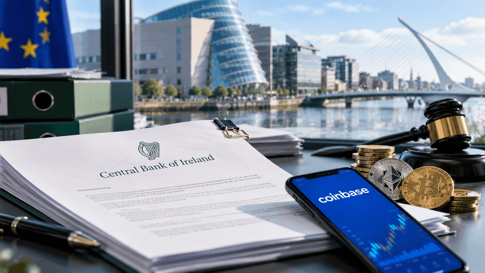 Document labeled “Central Bank of Ireland” beside a gavel and a Coinbase-branded device.