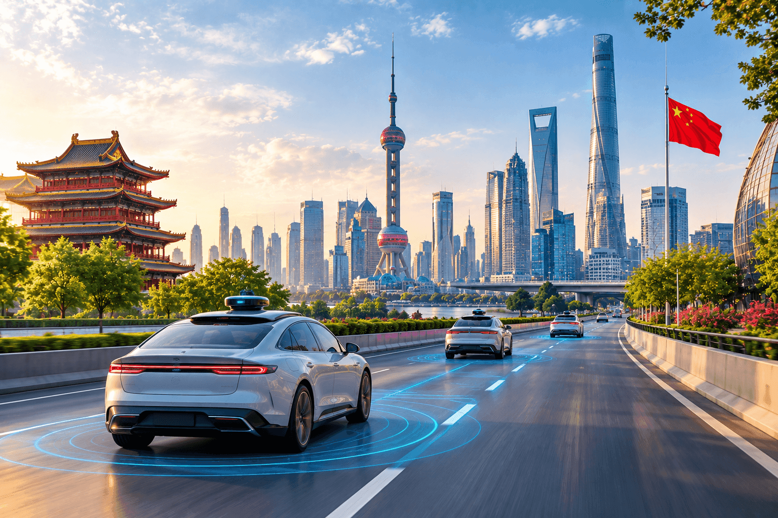Car on a road overlooking the Shanghai skyline, with a Chinese flag beside the road.