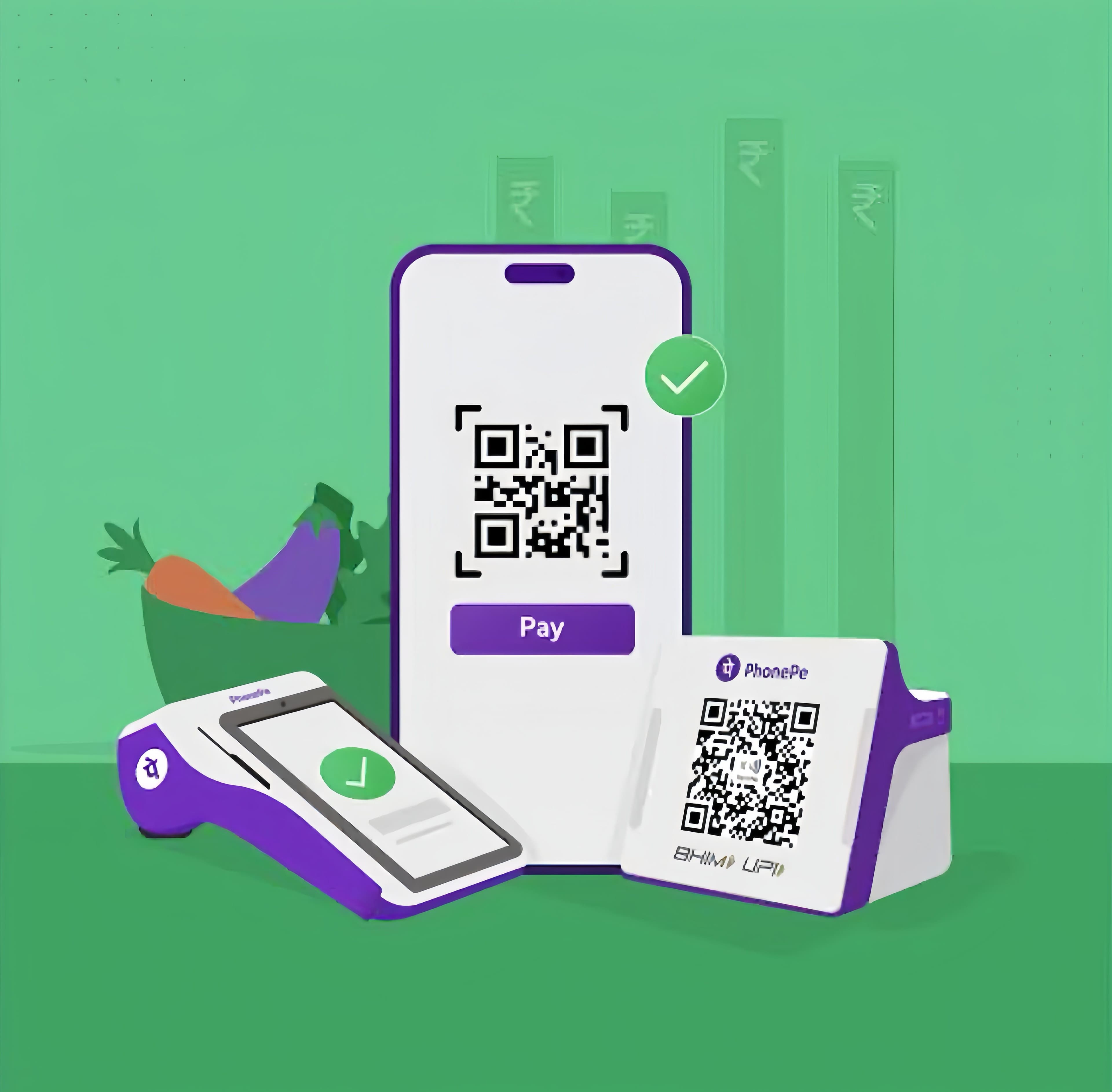 Illustration of smartphone payments and QR-code transactions on a green background.