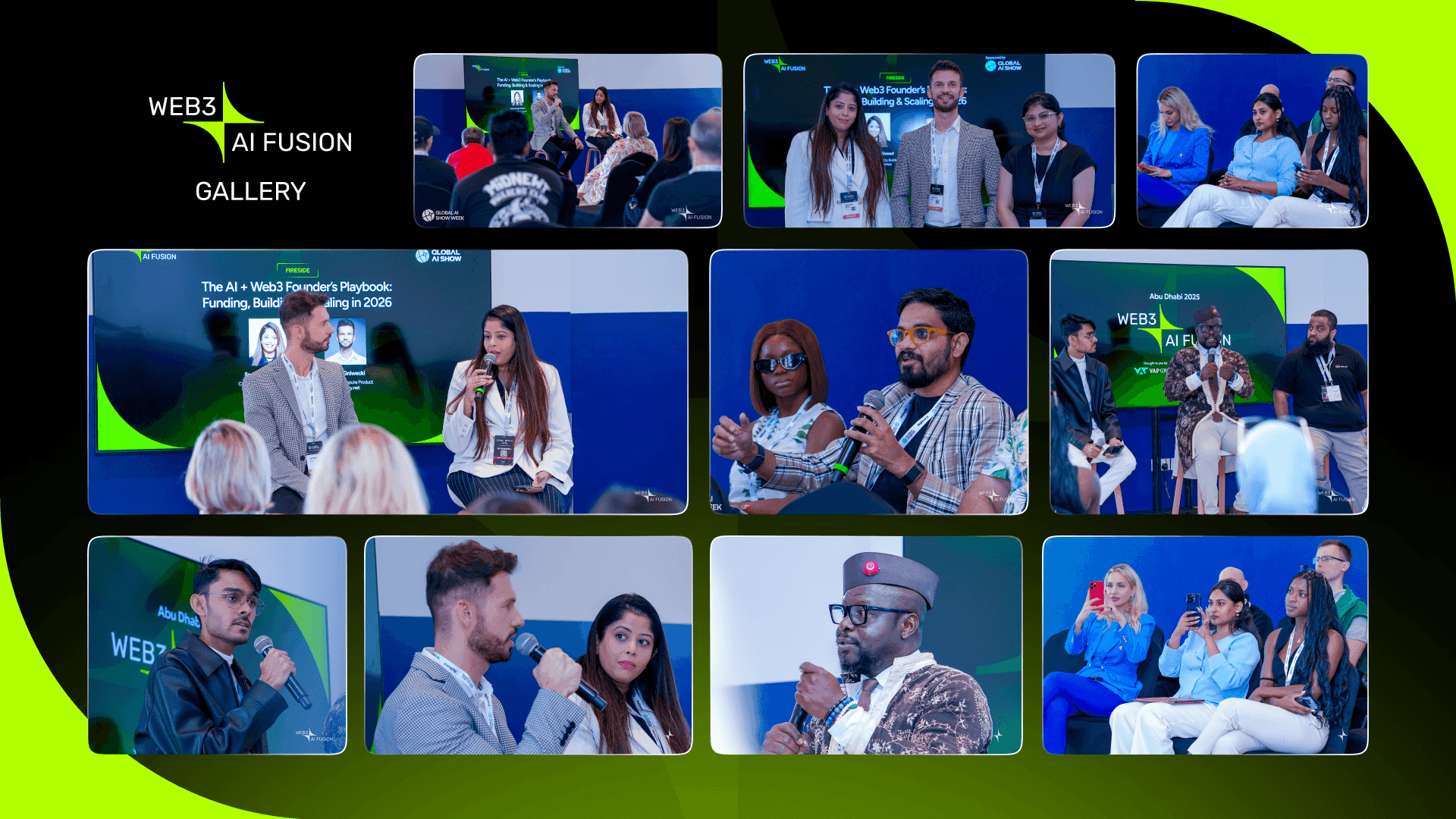 Collage of speakers and discussions from an AI event.