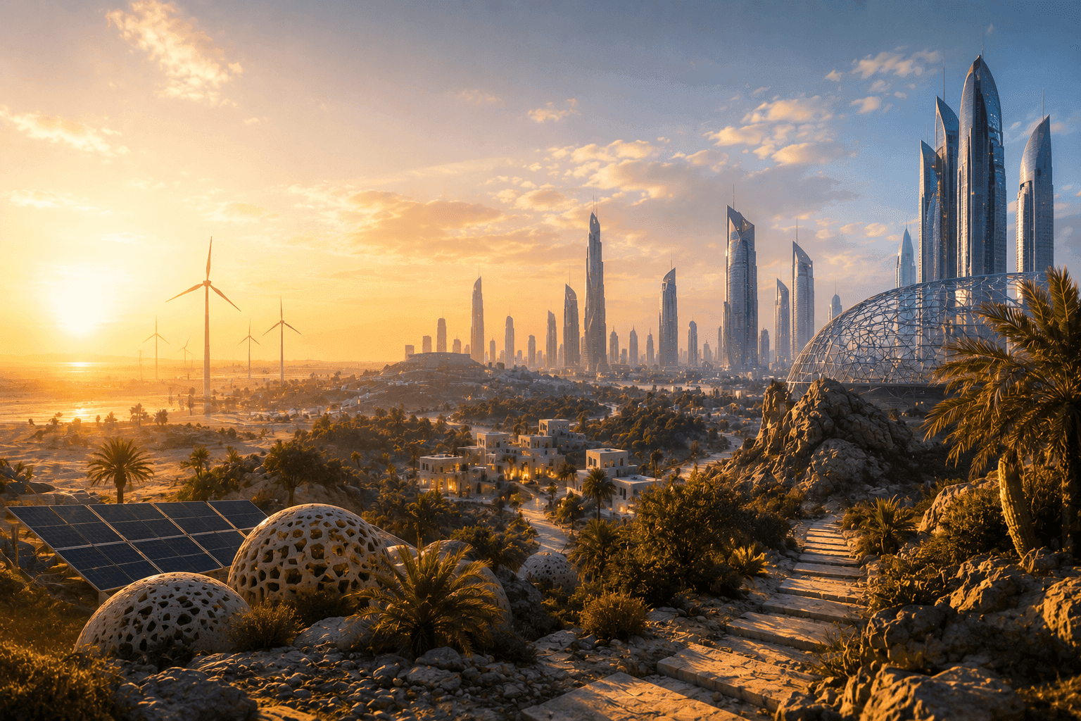 Illustration of a futuristic city with wind turbines and solar-covered structures.