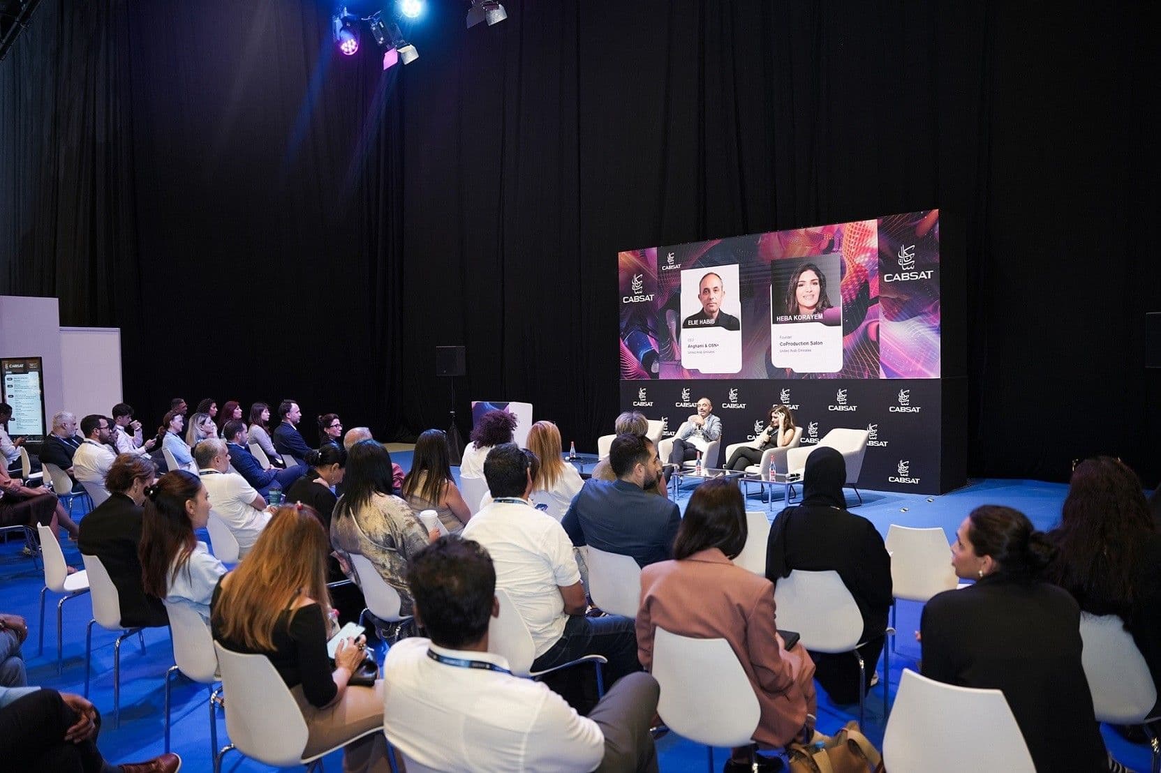 Audience watching a panel presentation in a conference hall.