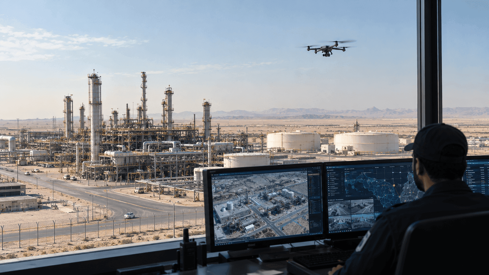 Industrial complex viewed from a monitoring room, with a drone above the site.