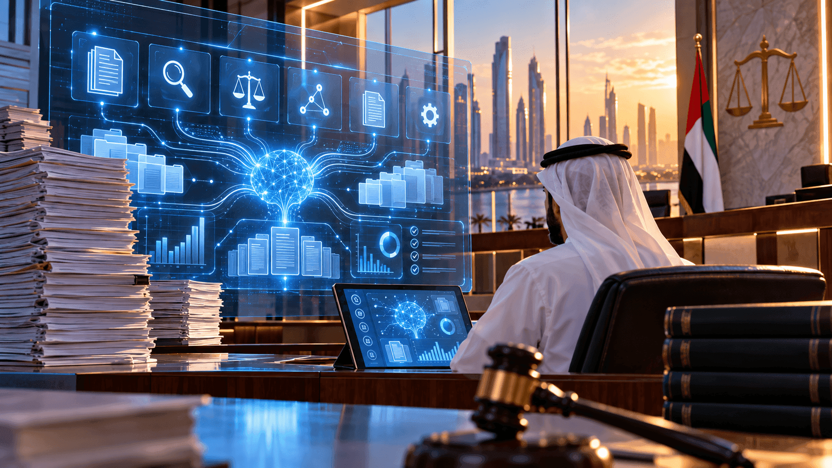 Illustration of an official beside stacks of documents, scales of justice, and digital circuitry.
