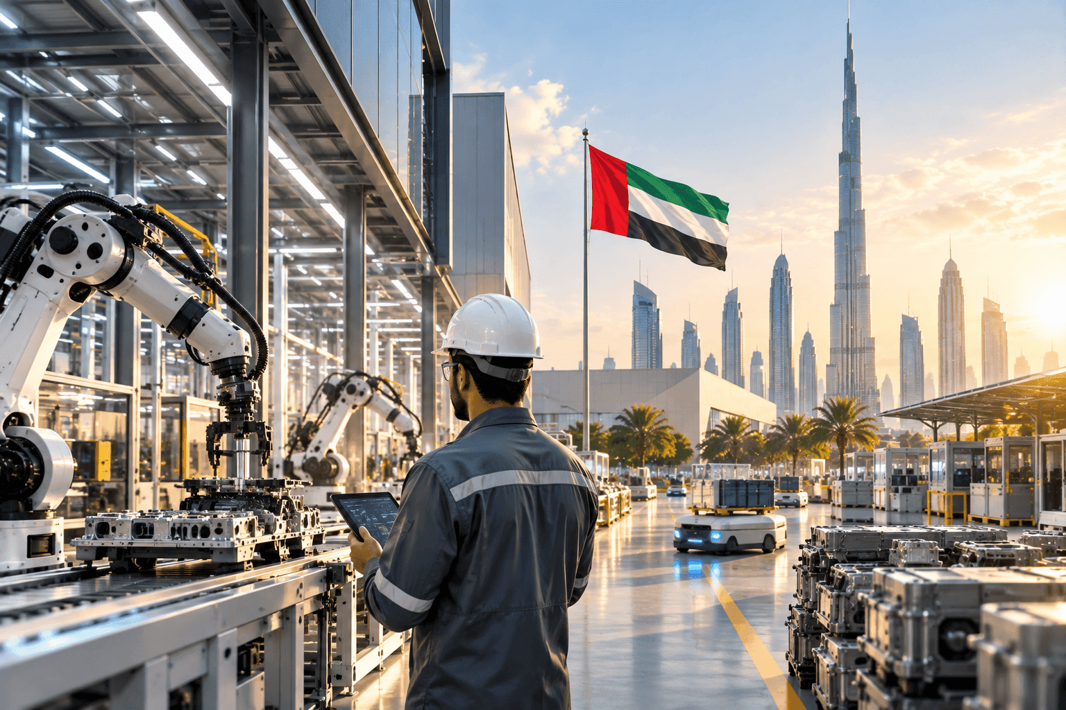 Illustration of a factory worker and robotic equipment with a UAE flag and skyline.