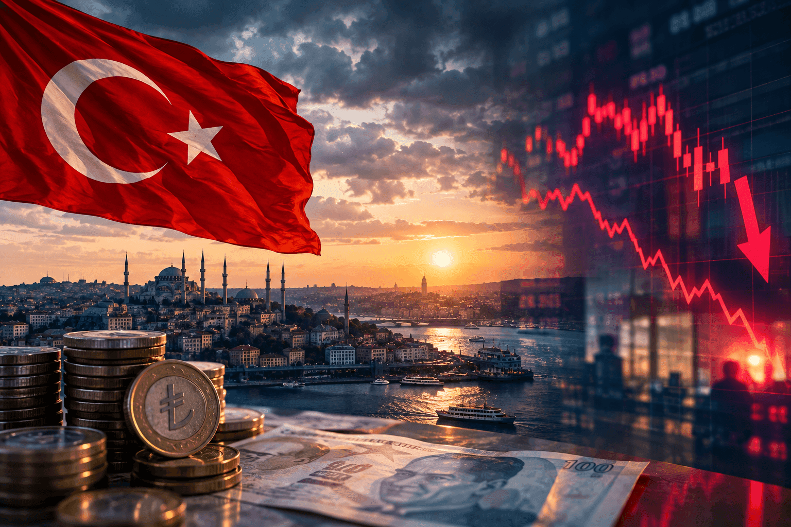 Turkish flag over a financial market illustration with a falling red chart.