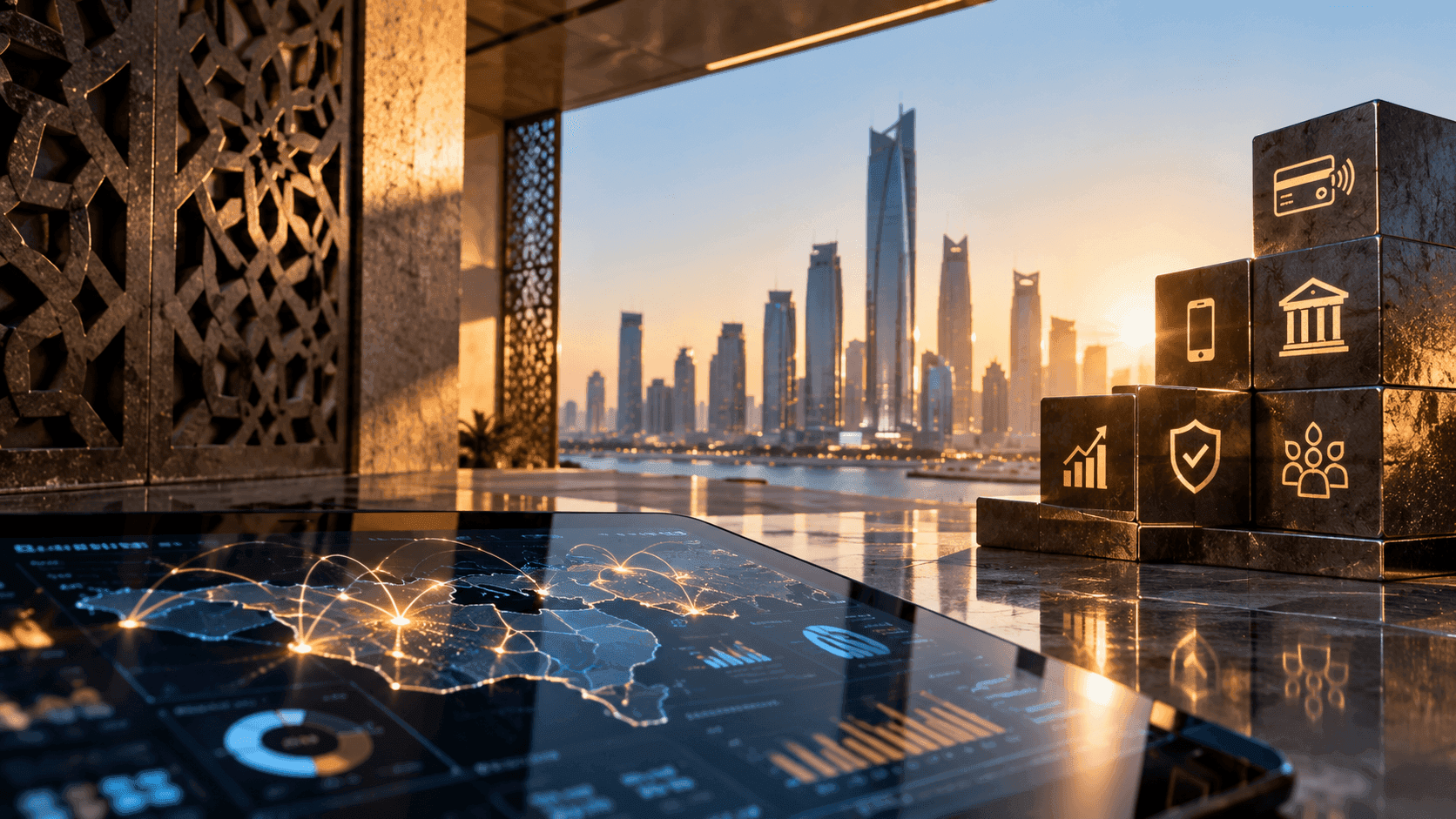 Illustration of a digital platform in a traditional-style interior overlooking a modern skyline.